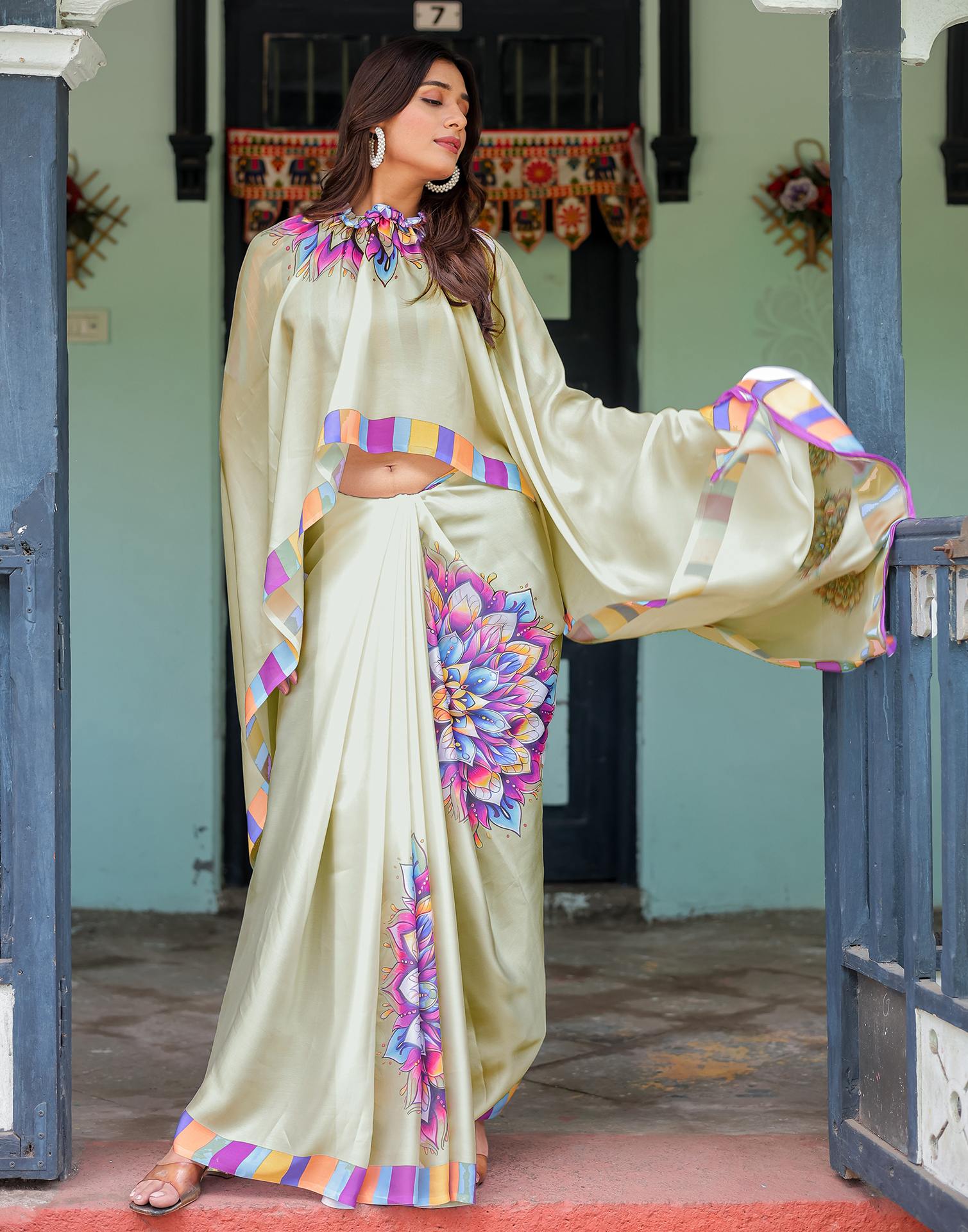 Handsfree Off White Satin Printed Saree