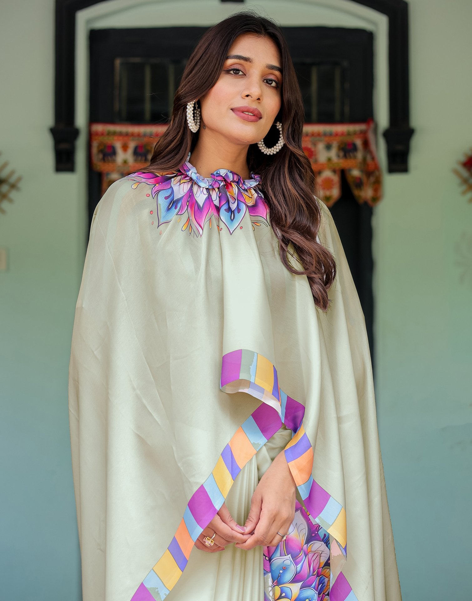 Handsfree Off White Satin Printed Saree