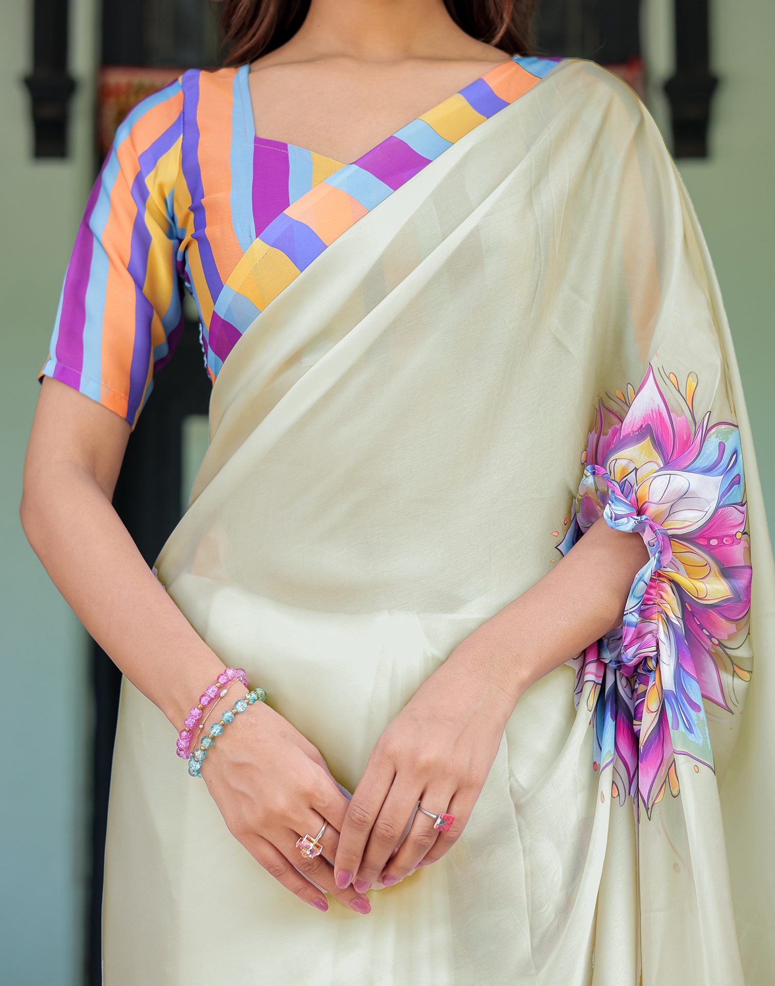 Handsfree Off White Satin Printed Saree
