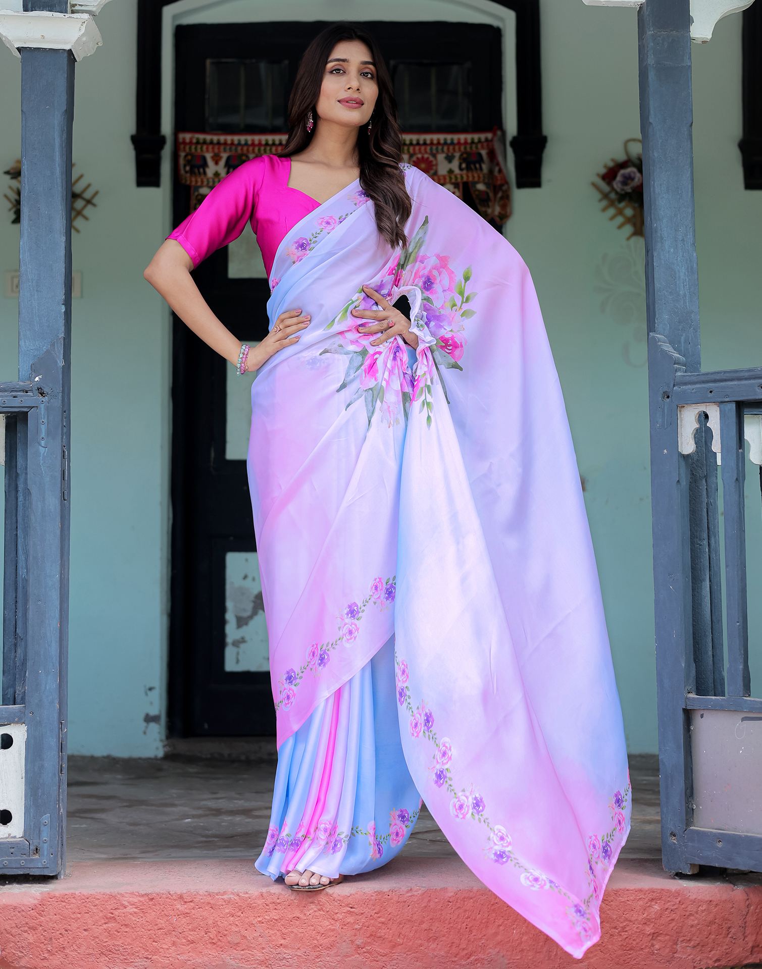 Handsfree Baby Pink Satin Floral Printed Saree