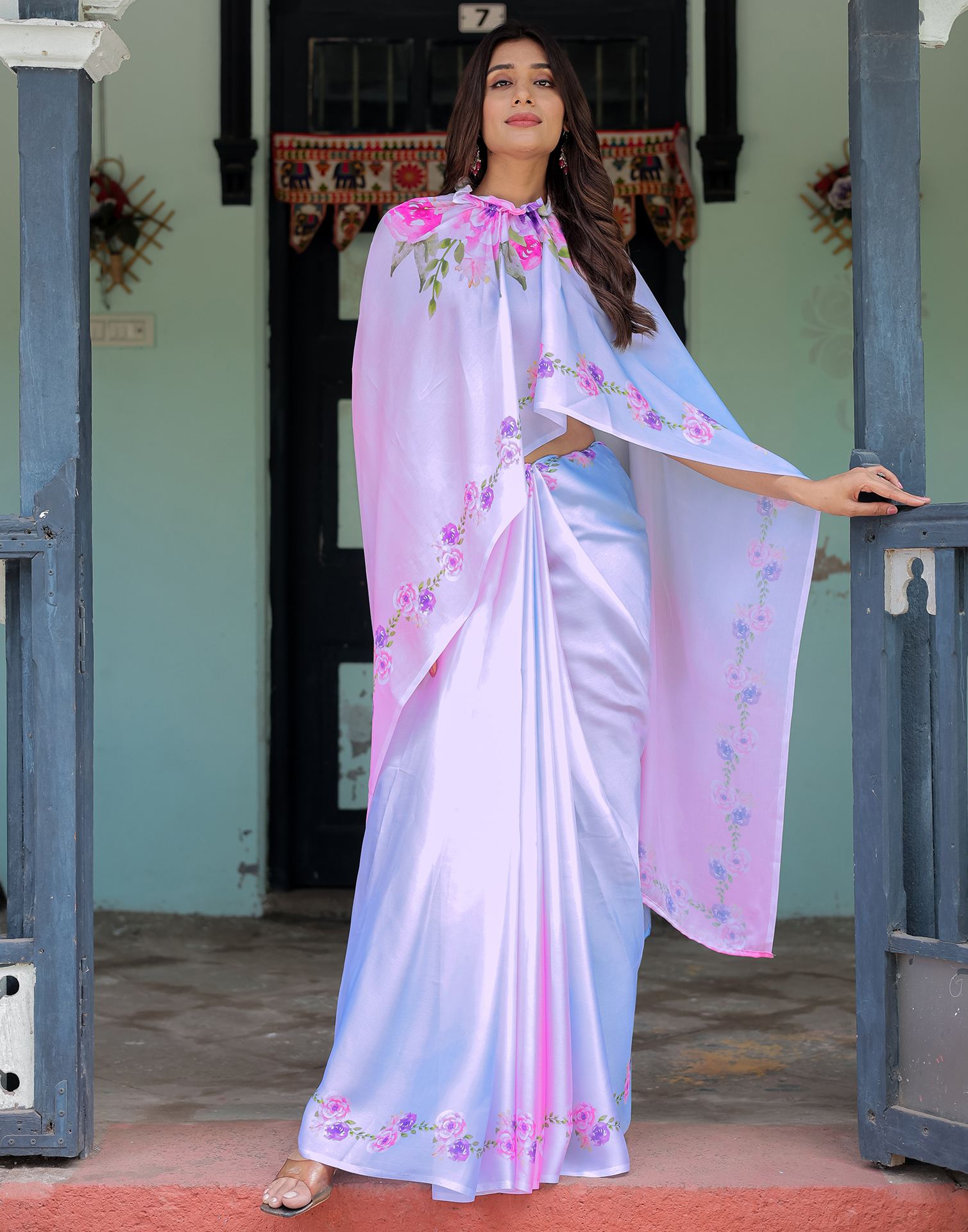 Handsfree Baby Pink Satin Floral Printed Saree