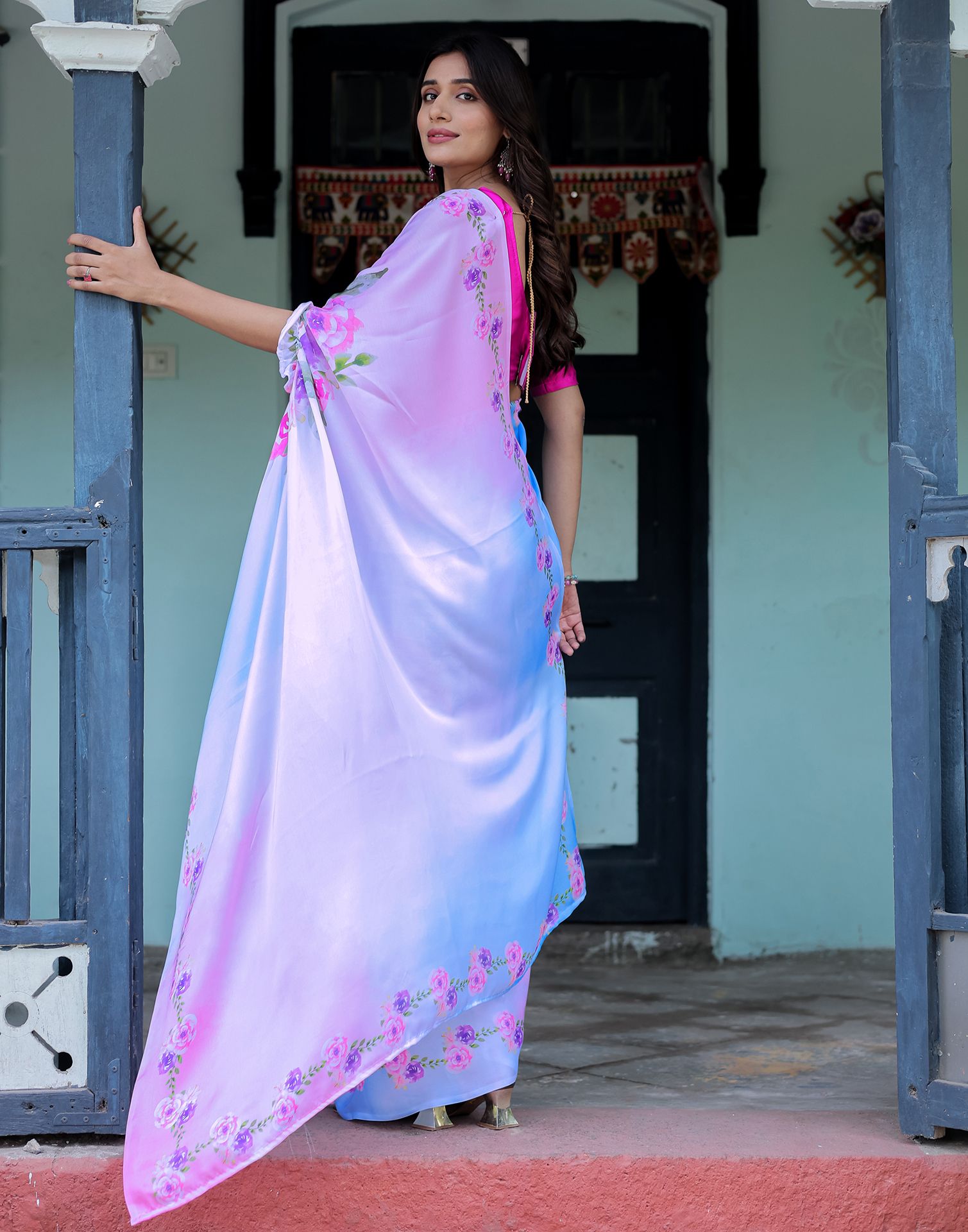 Handsfree Baby Pink Satin Floral Printed Saree