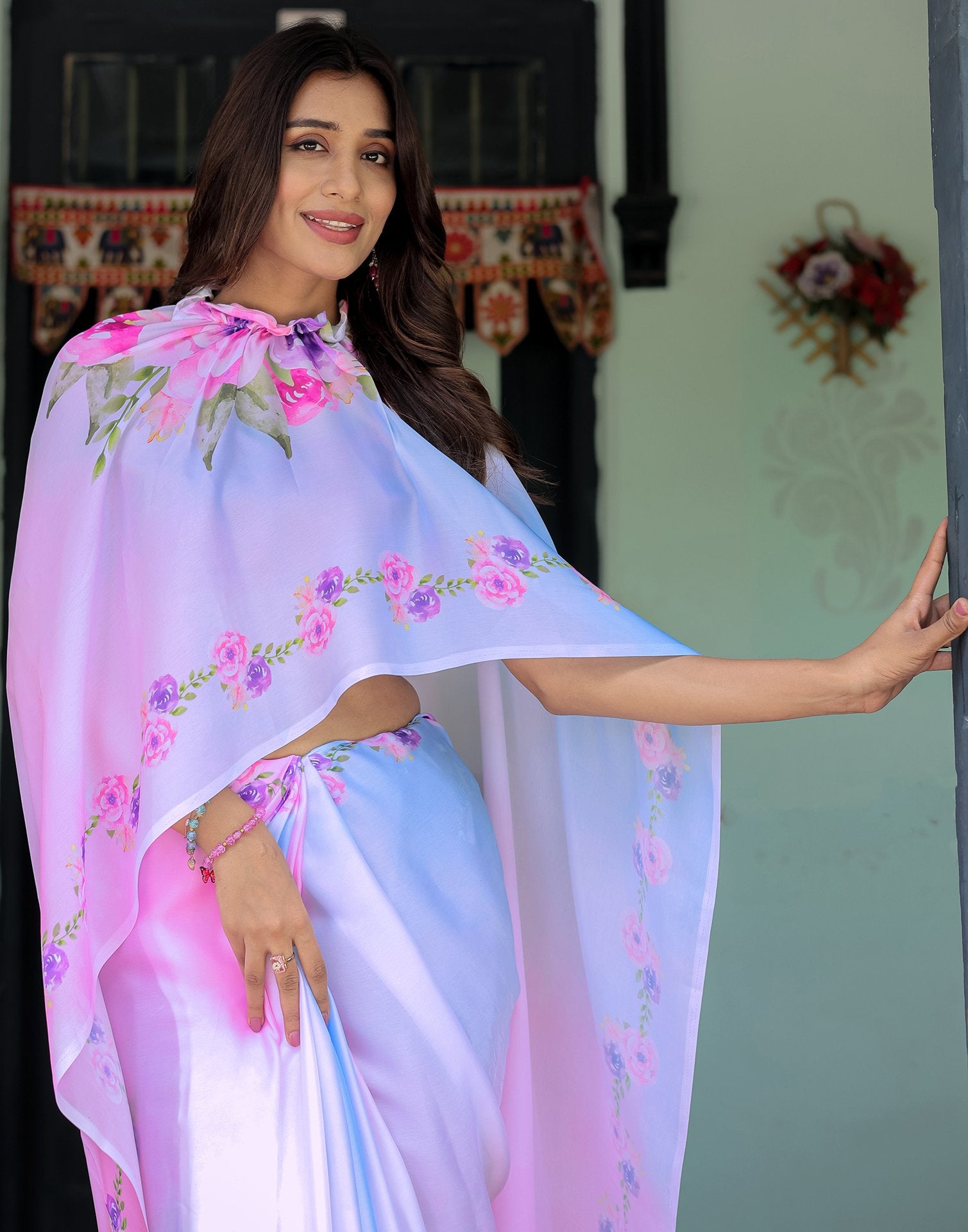 Handsfree Baby Pink Satin Floral Printed Saree