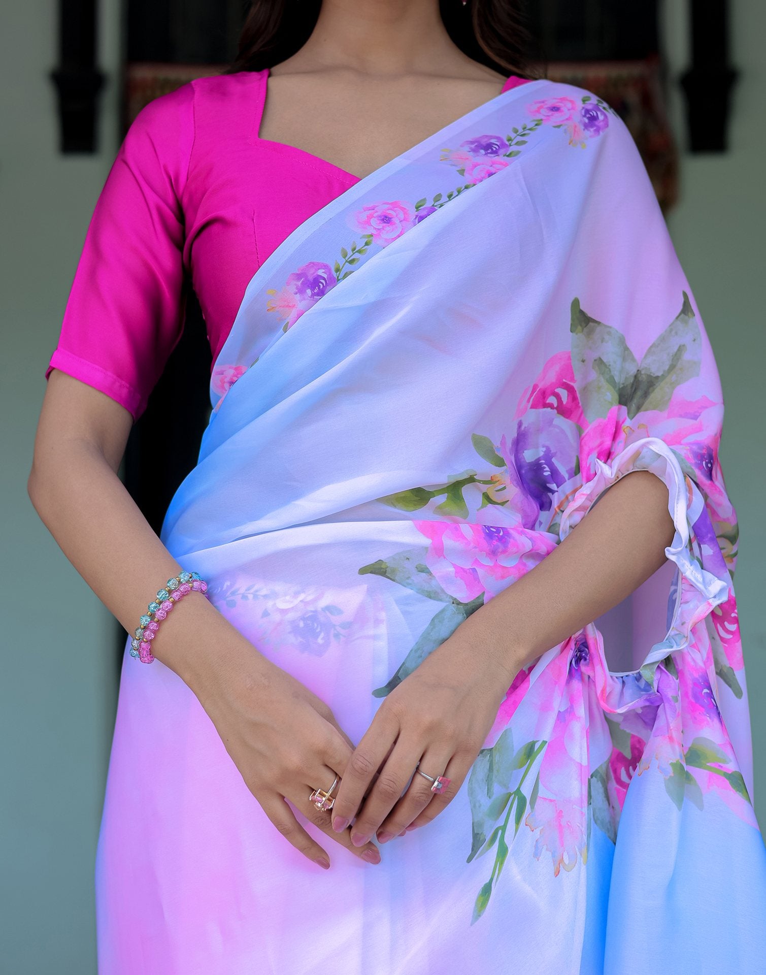 Handsfree Baby Pink Satin Floral Printed Saree