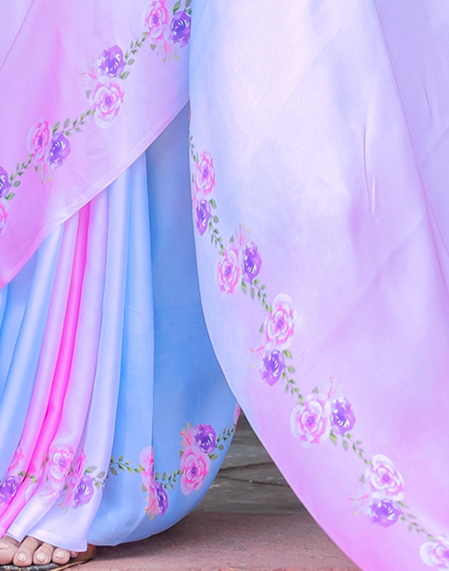 Handsfree Baby Pink Satin Floral Printed Saree