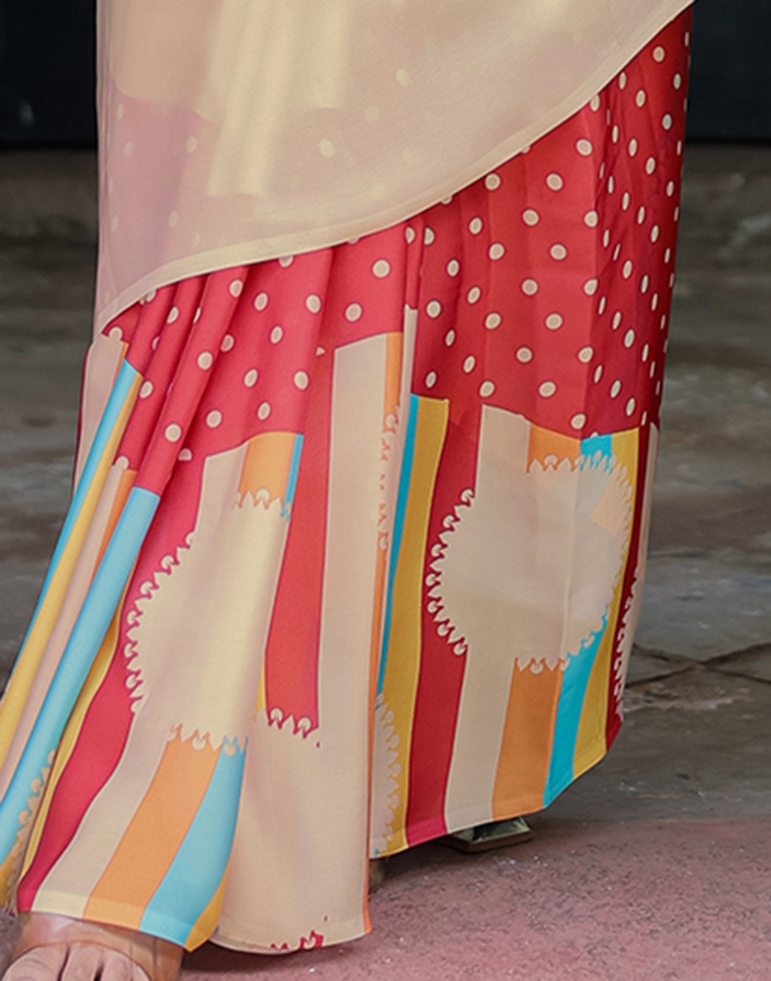 Handsfree Cream Satin Printed Saree