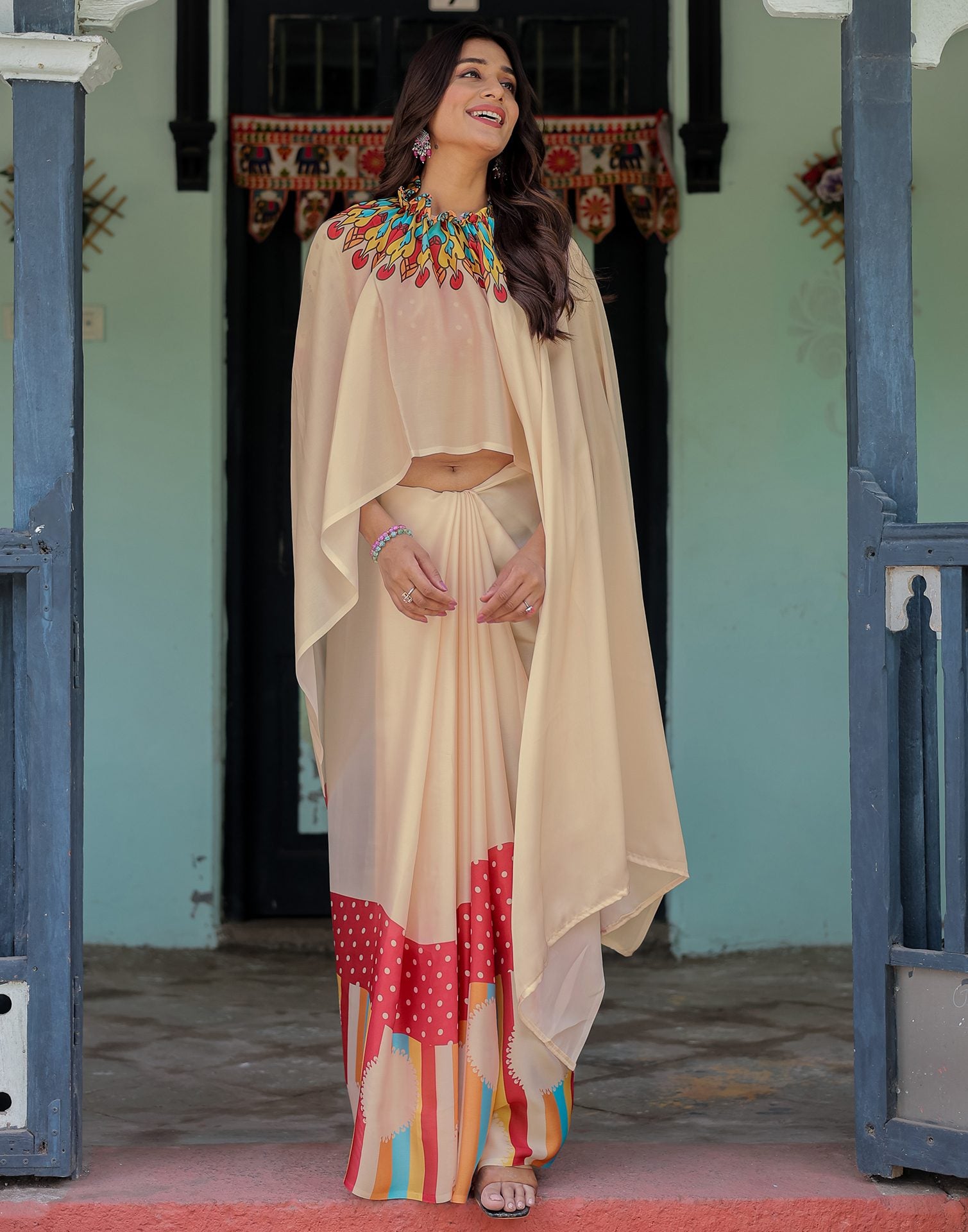 Handsfree Cream Satin Printed Saree