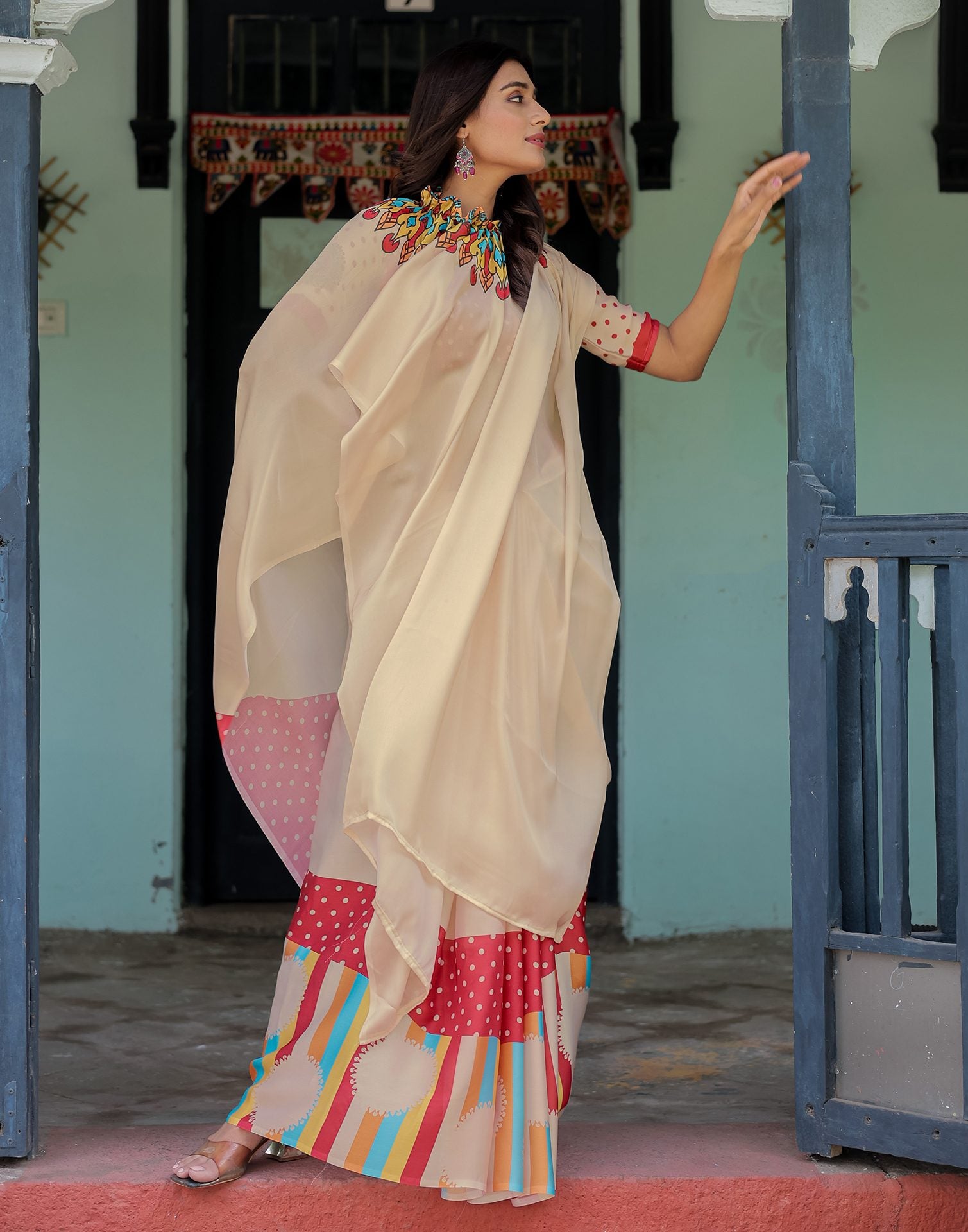 Handsfree Cream Satin Printed Saree