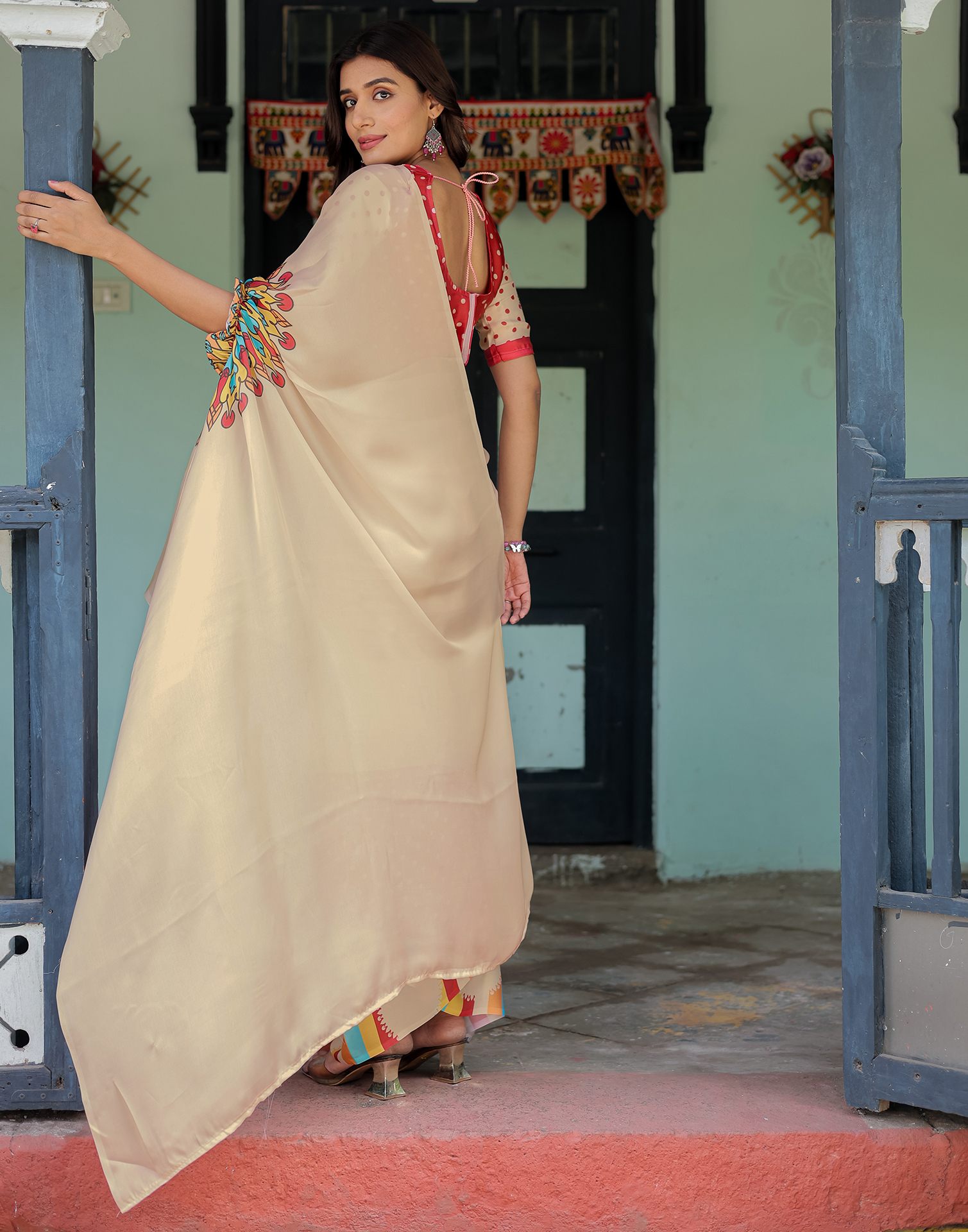 Handsfree Cream Satin Printed Saree