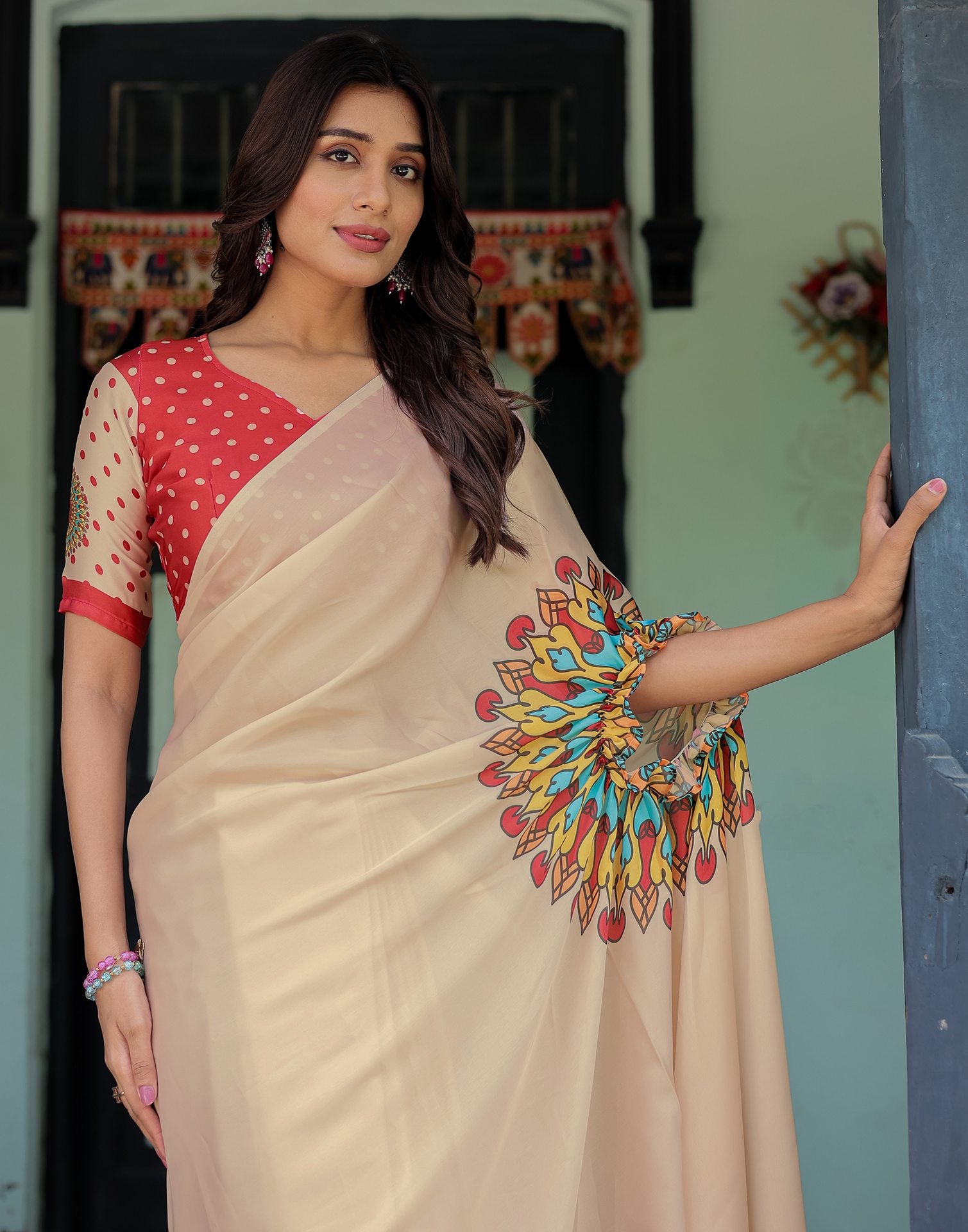 Handsfree Cream Satin Printed Saree