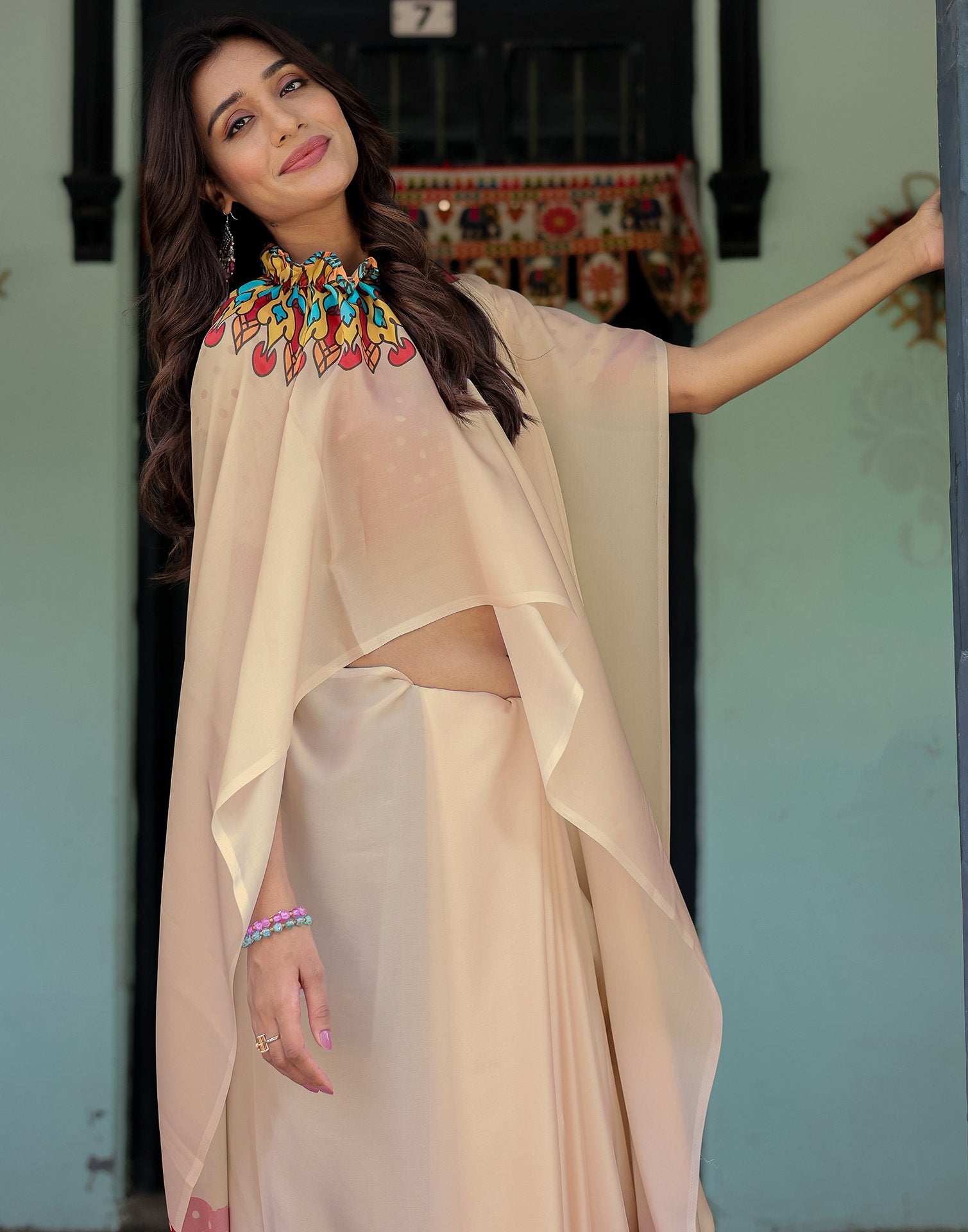 Handsfree Cream Satin Printed Saree