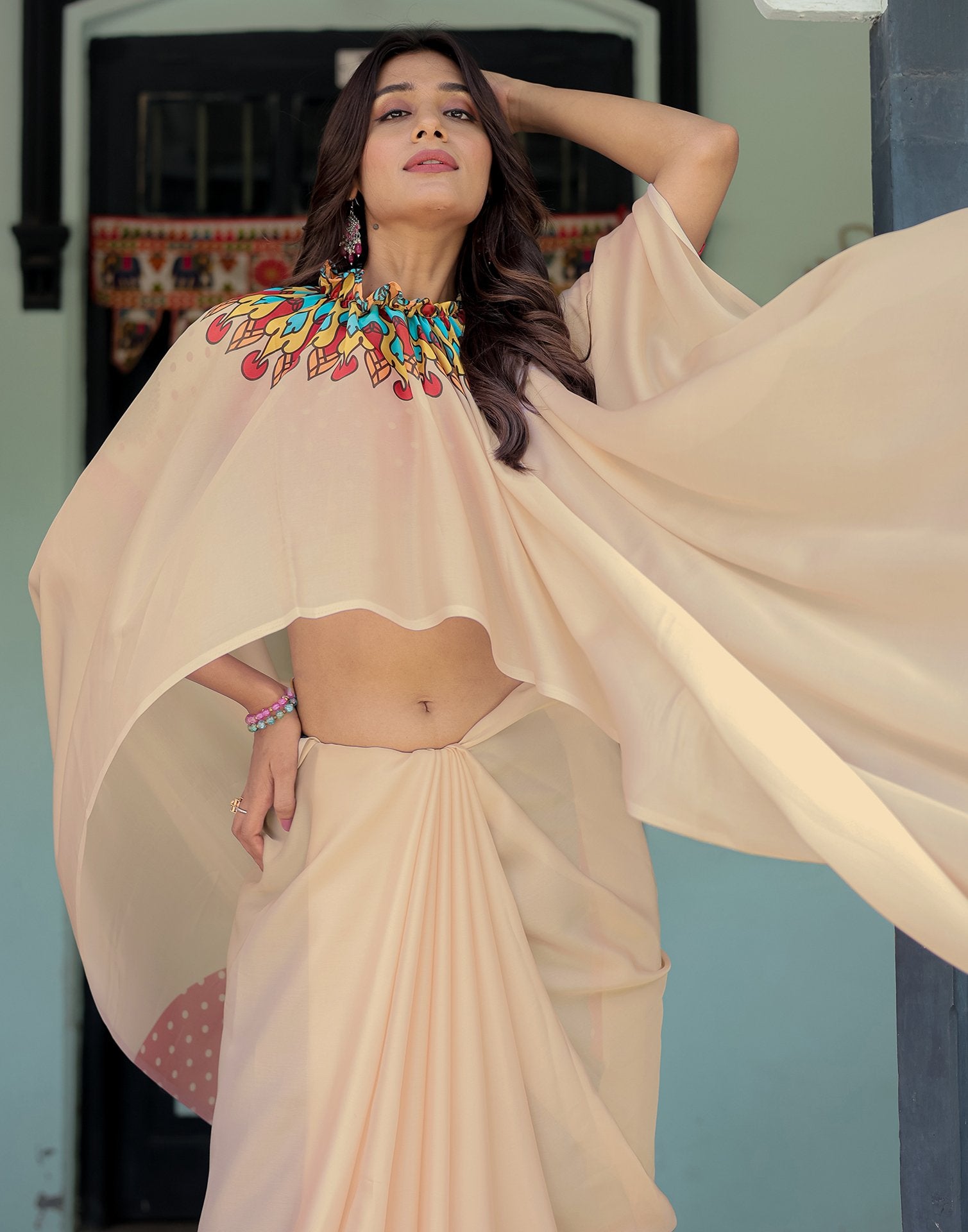 Handsfree Cream Satin Printed Saree