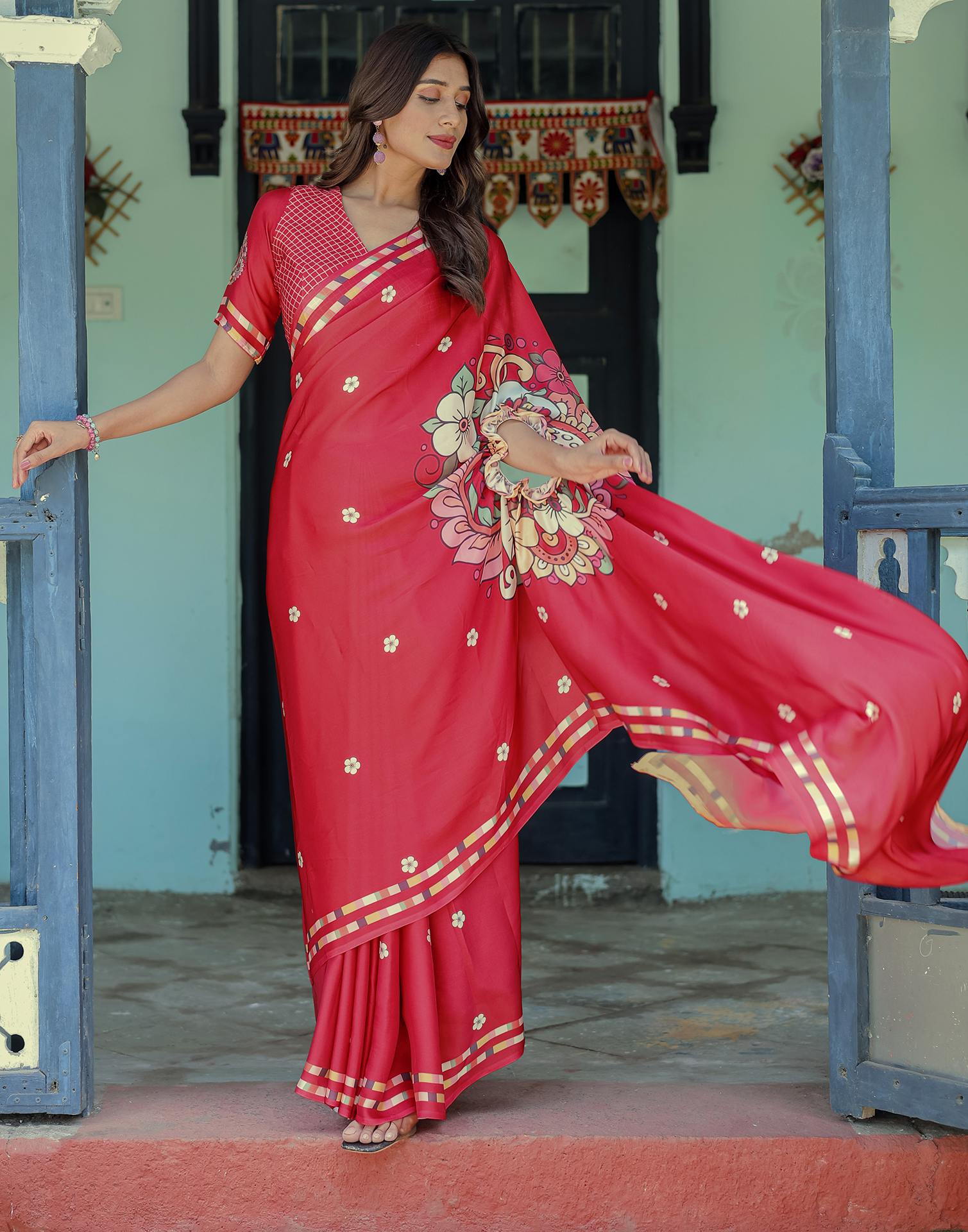 Handsfree Red Satin Floral Printed Saree