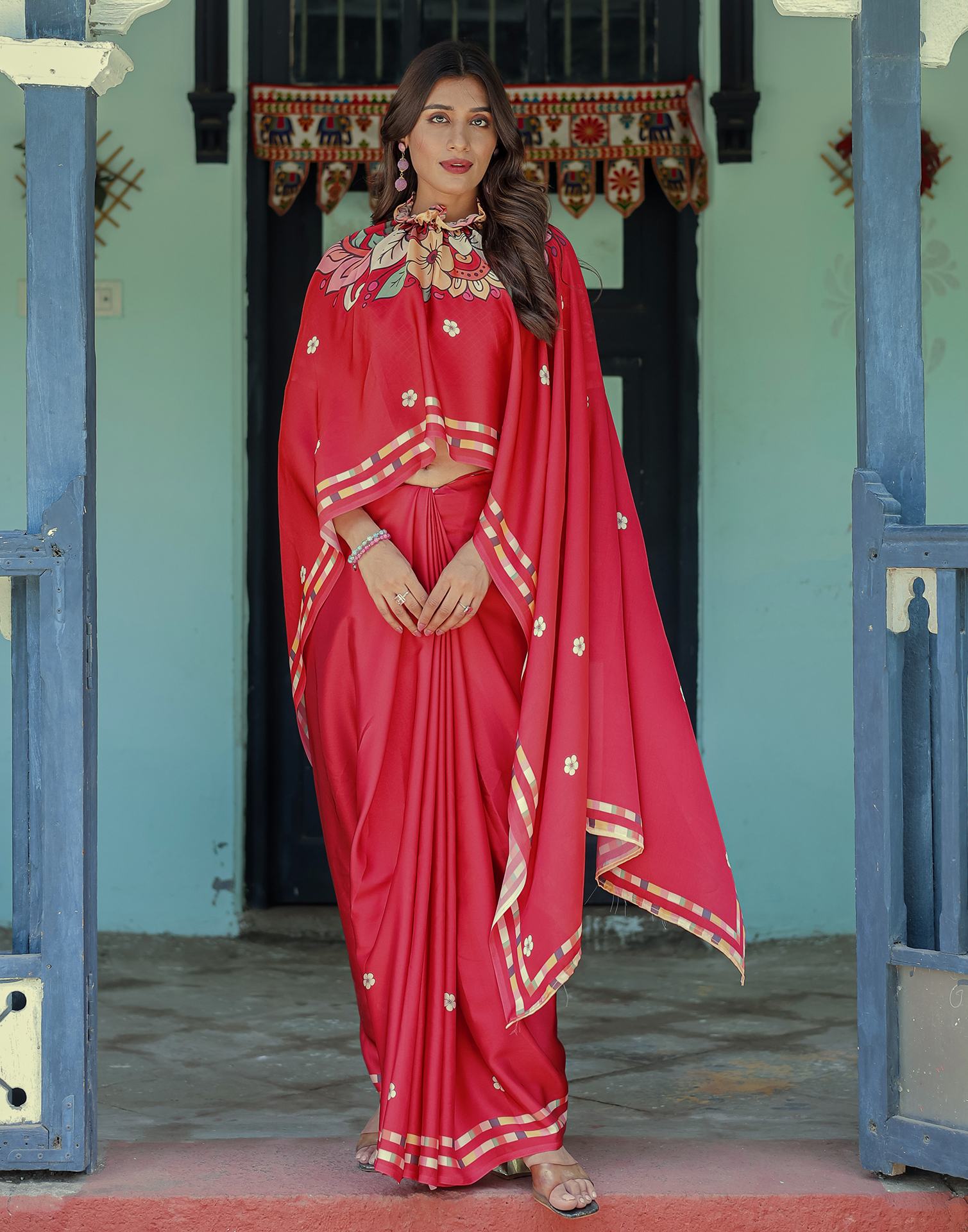 Handsfree Red Satin Floral Printed Saree