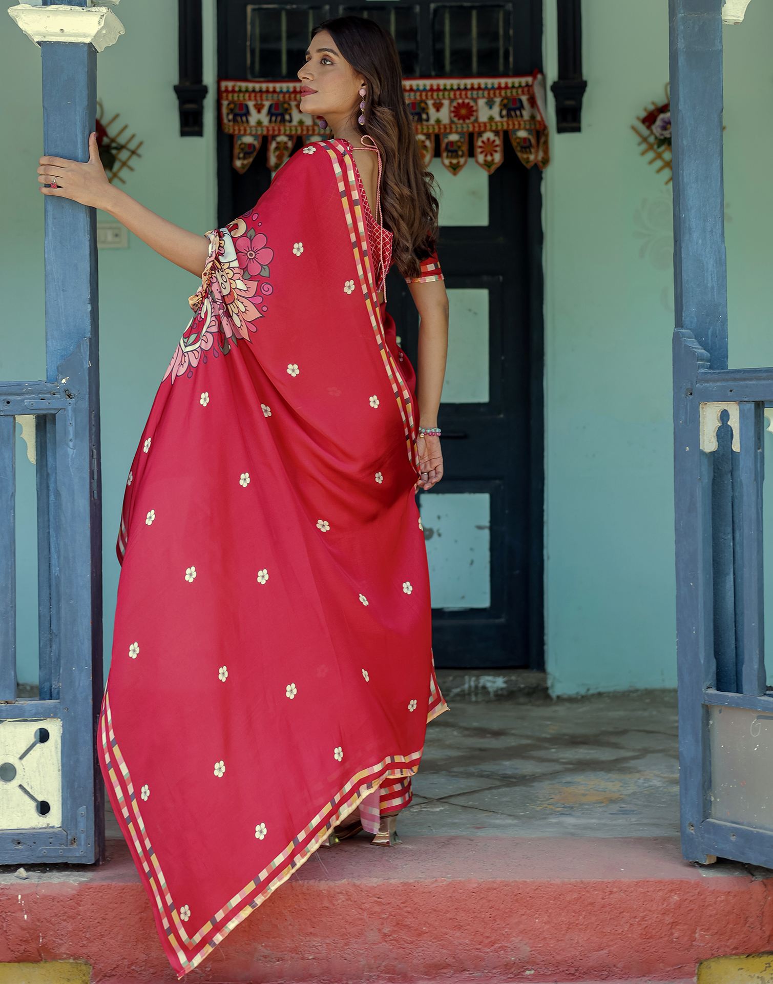 Handsfree Red Satin Floral Printed Saree