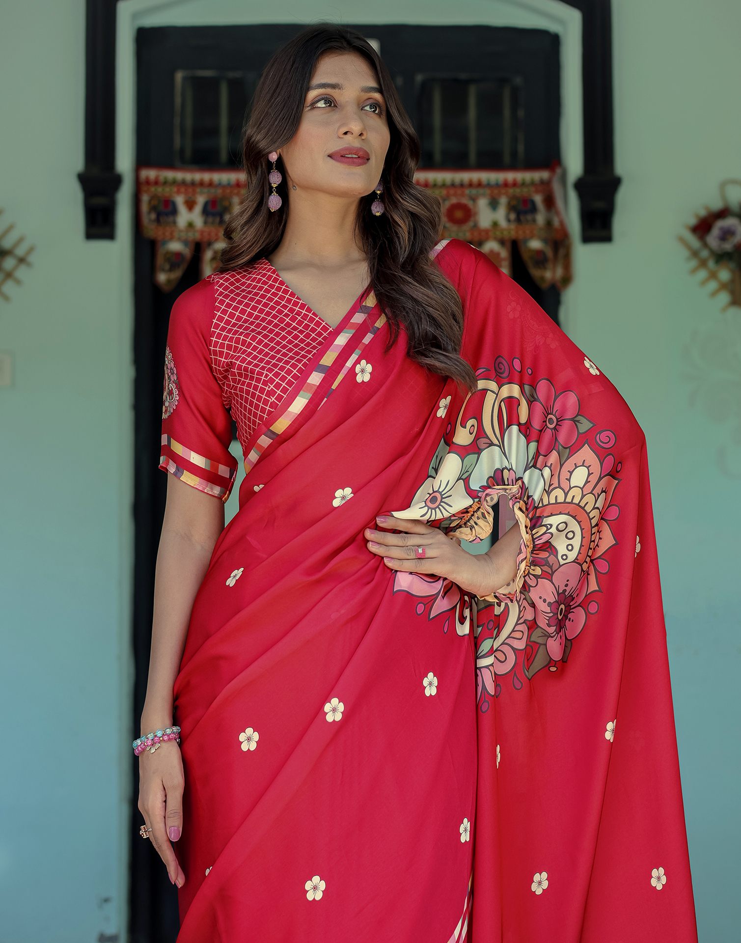 Handsfree Red Satin Floral Printed Saree
