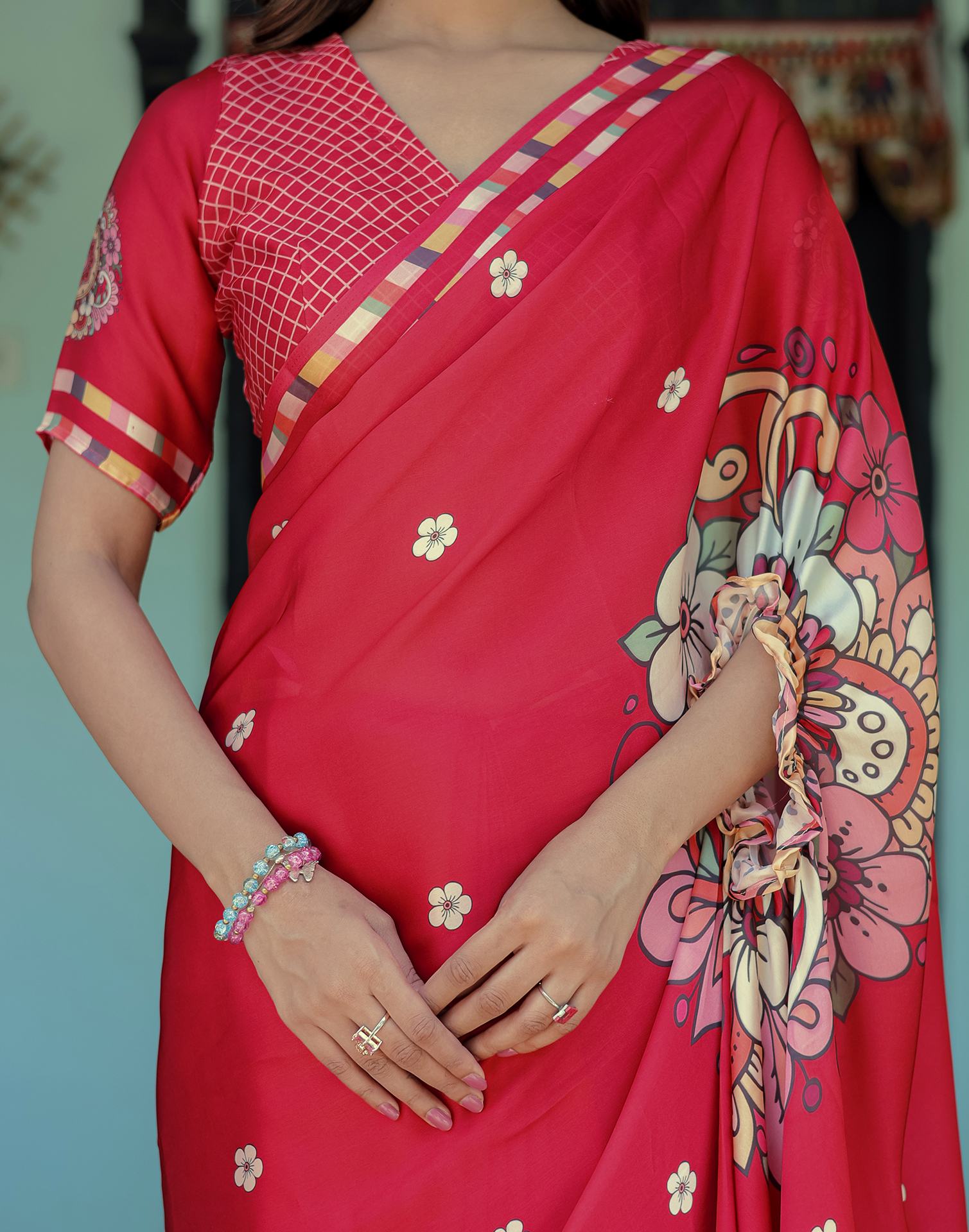 Handsfree Red Satin Floral Printed Saree