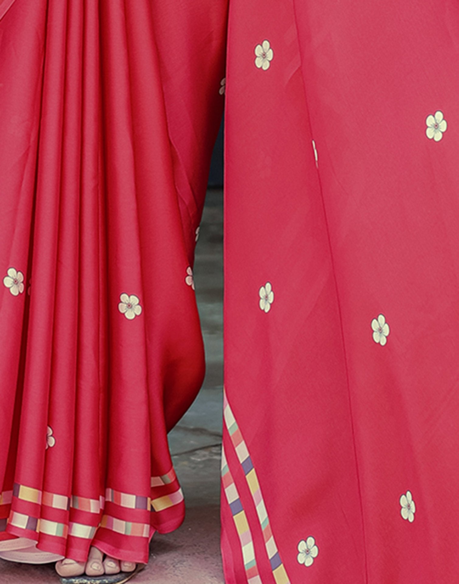 Handsfree Red Satin Floral Printed Saree