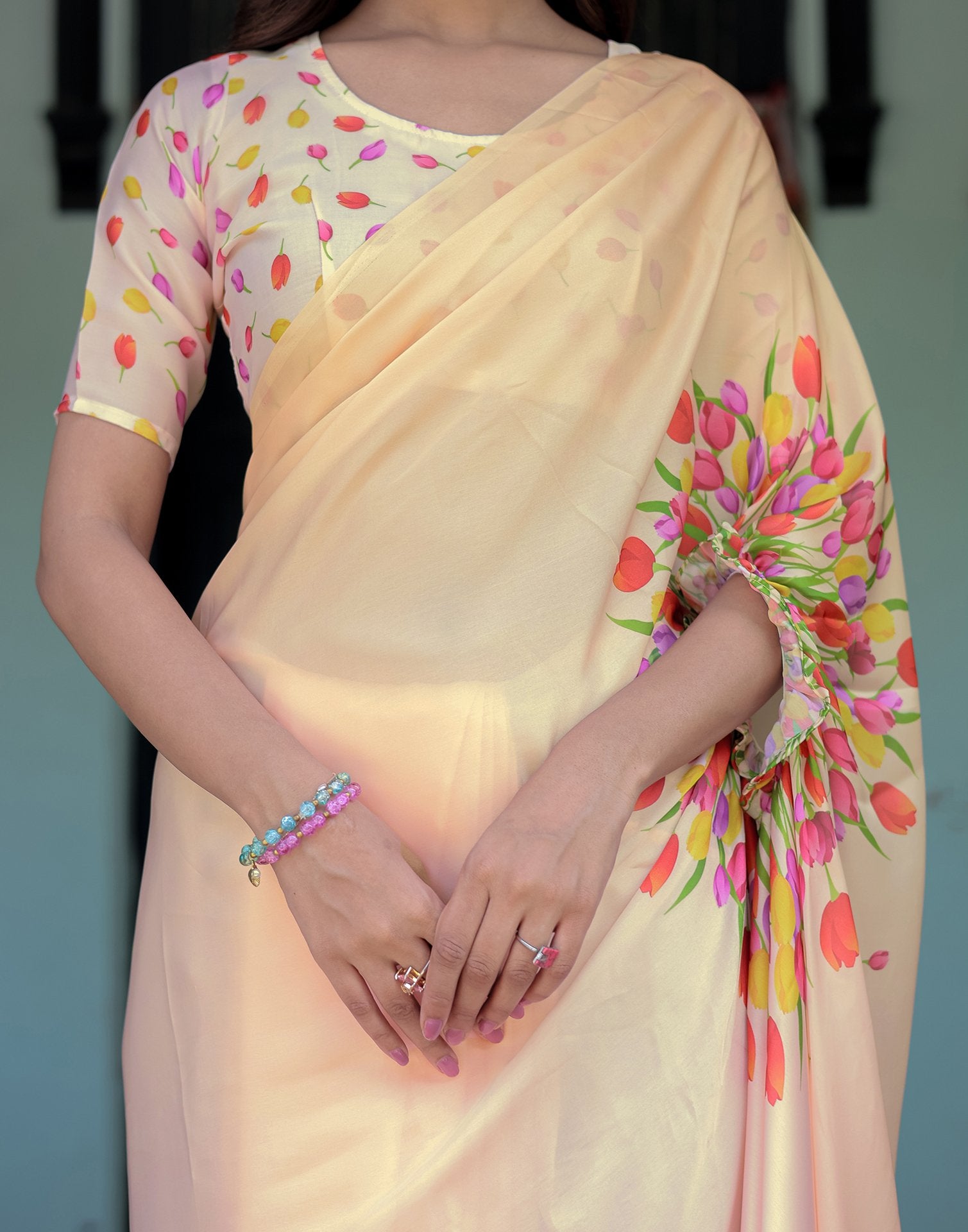 Handsfree Cream Satin Floral Printed Saree