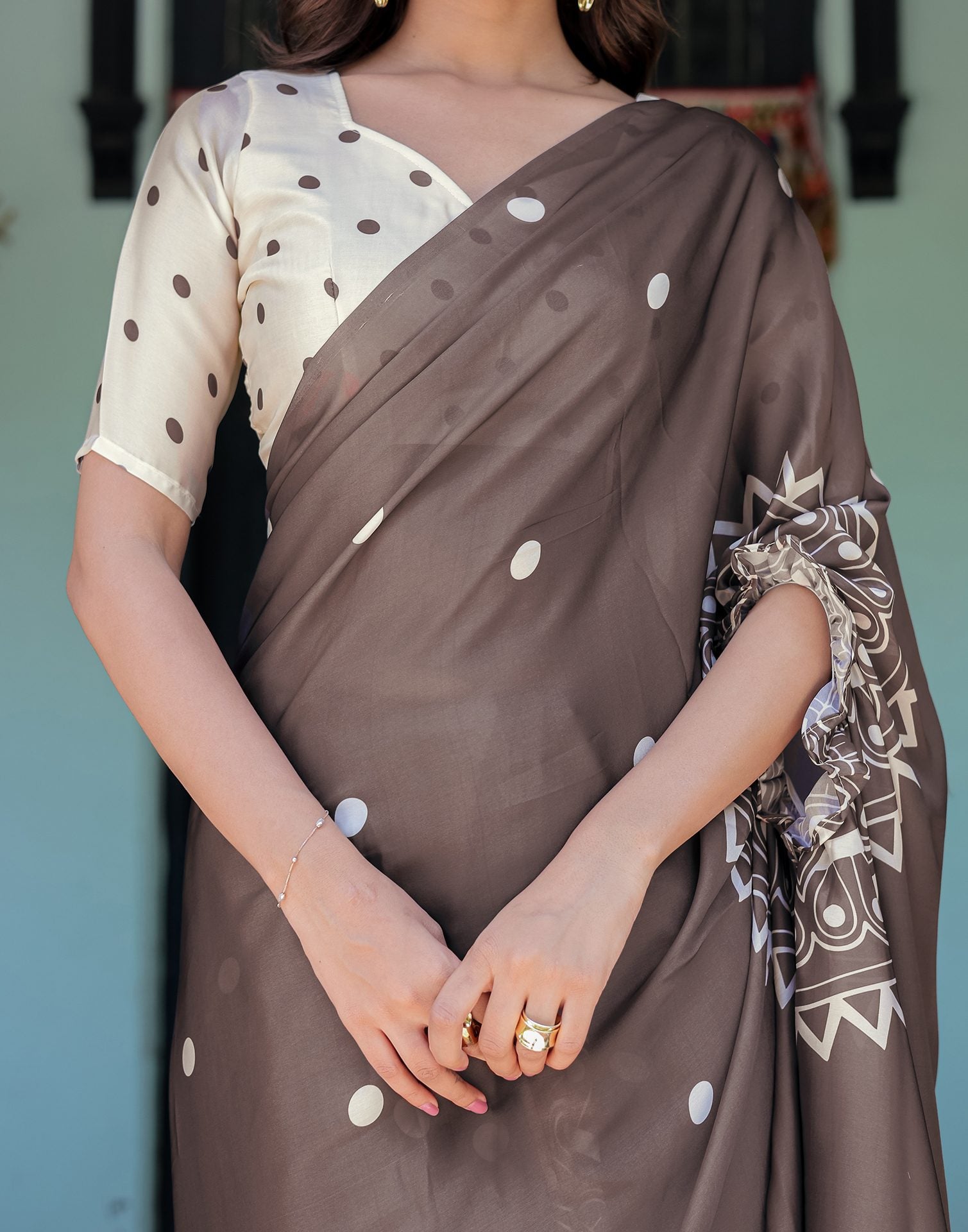 Handsfree Dark Brown Satin Printed Saree