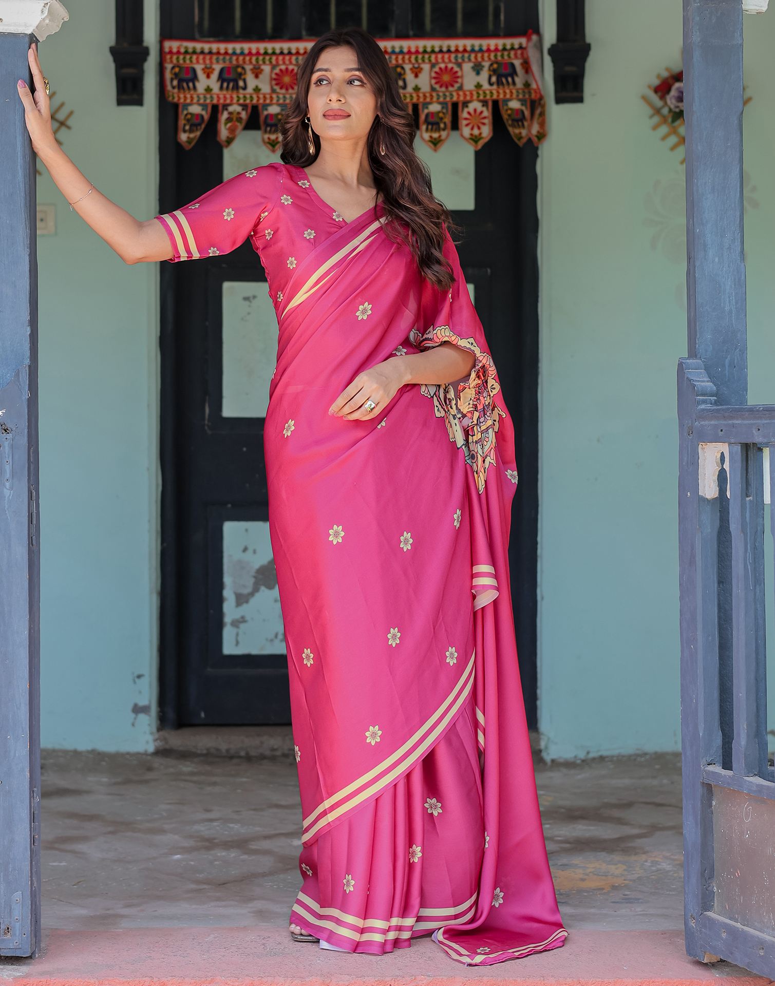 Handsfree Dark Rani Pink Satin Floral Printed Saree