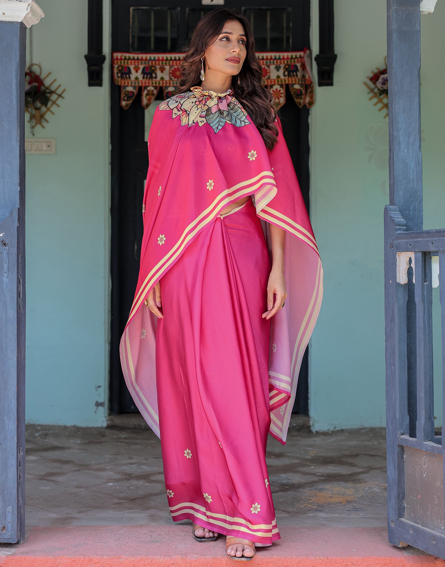 Handsfree Dark Rani Pink Satin Floral Printed Saree