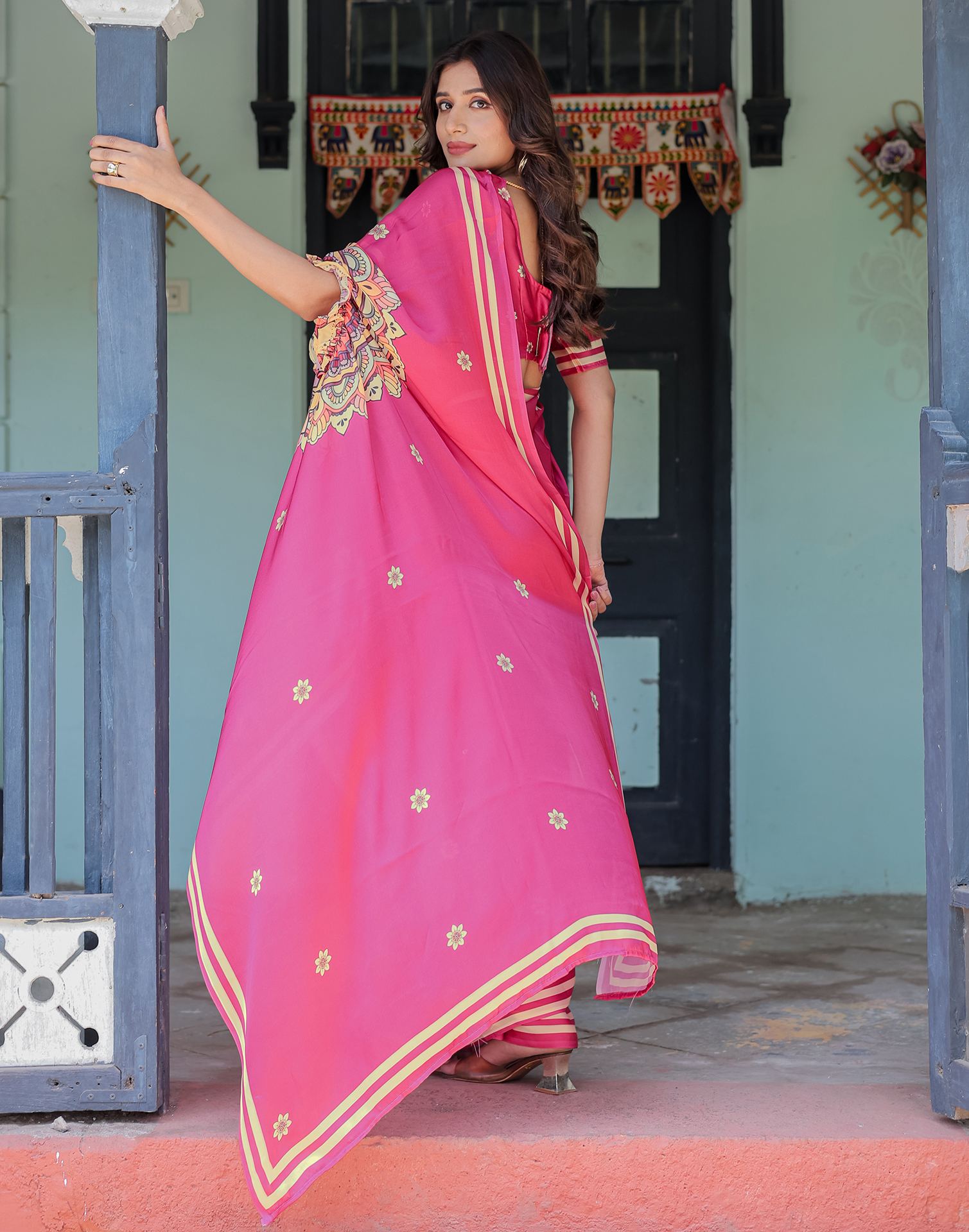 Handsfree Dark Rani Pink Satin Floral Printed Saree