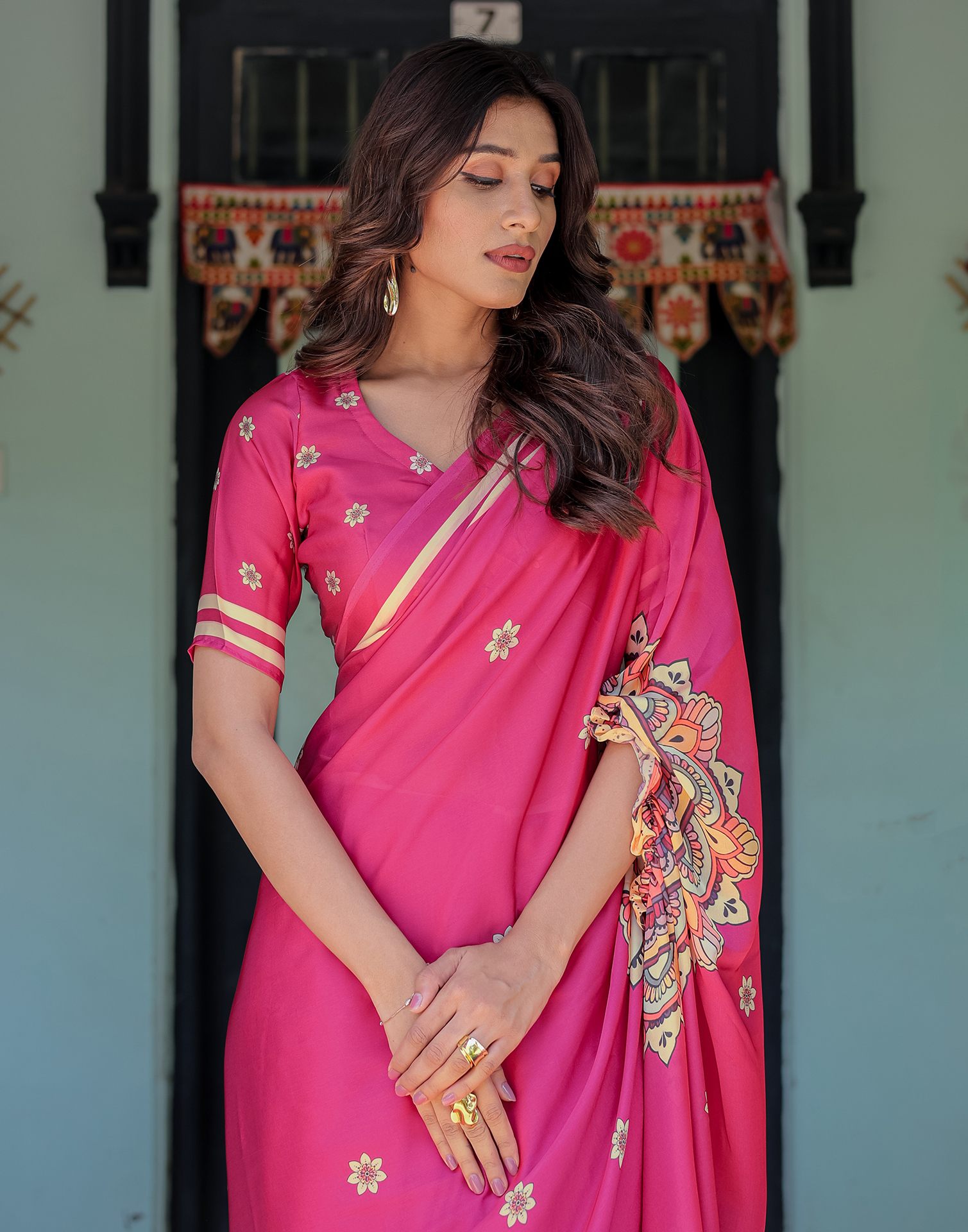 Handsfree Dark Rani Pink Satin Floral Printed Saree
