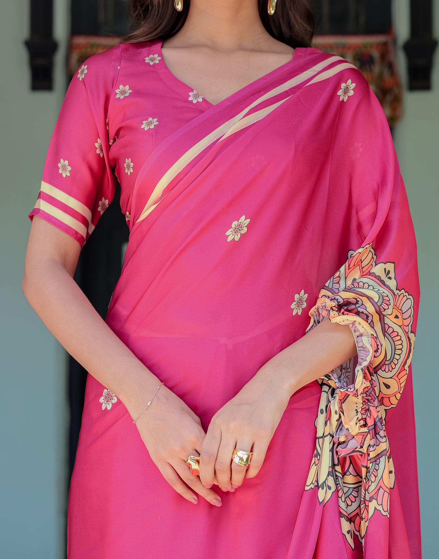 Handsfree Dark Rani Pink Satin Floral Printed Saree