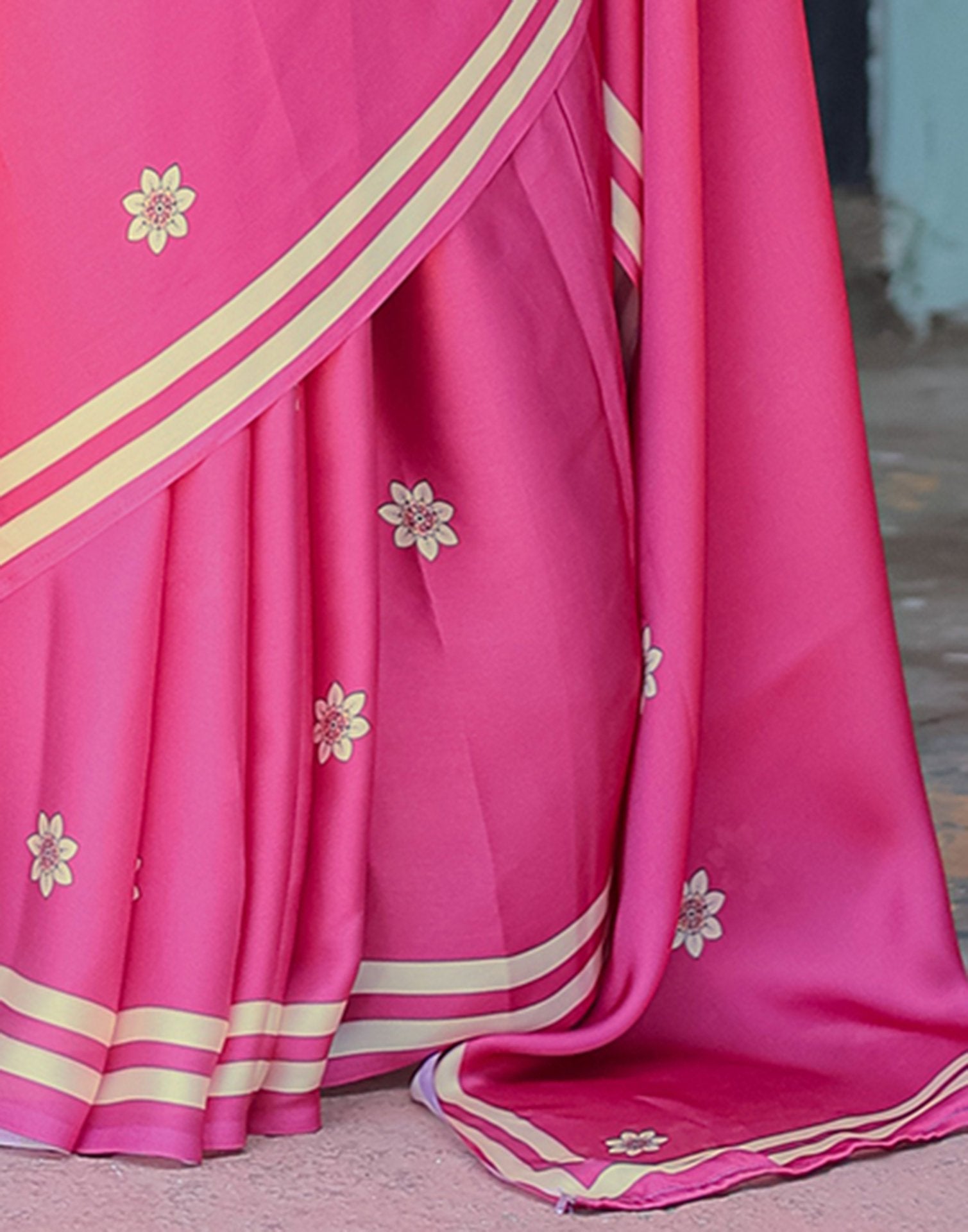 Handsfree Dark Rani Pink Satin Floral Printed Saree