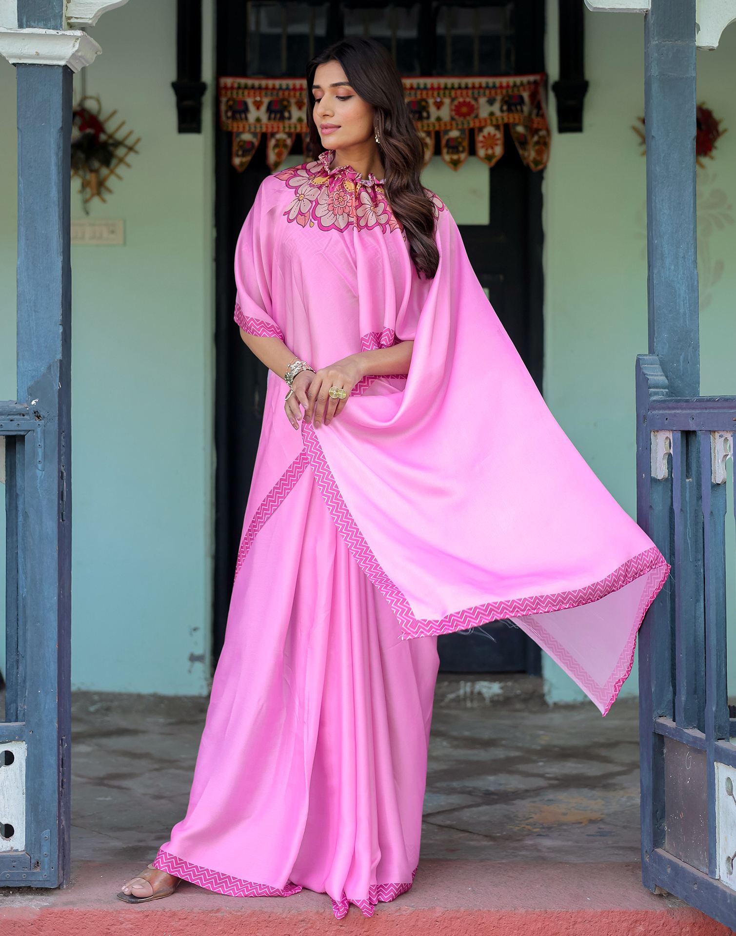 Handsfree Pink Satin Printed Saree