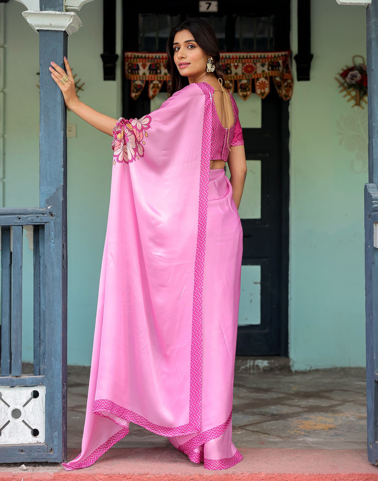 Handsfree Pink Satin Printed Saree