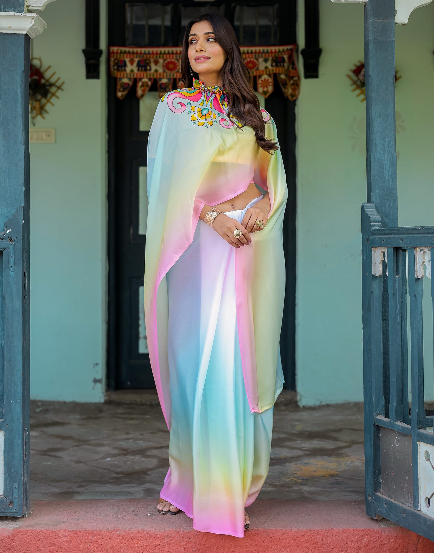 Handsfree Multicoloured Satin Printed Saree