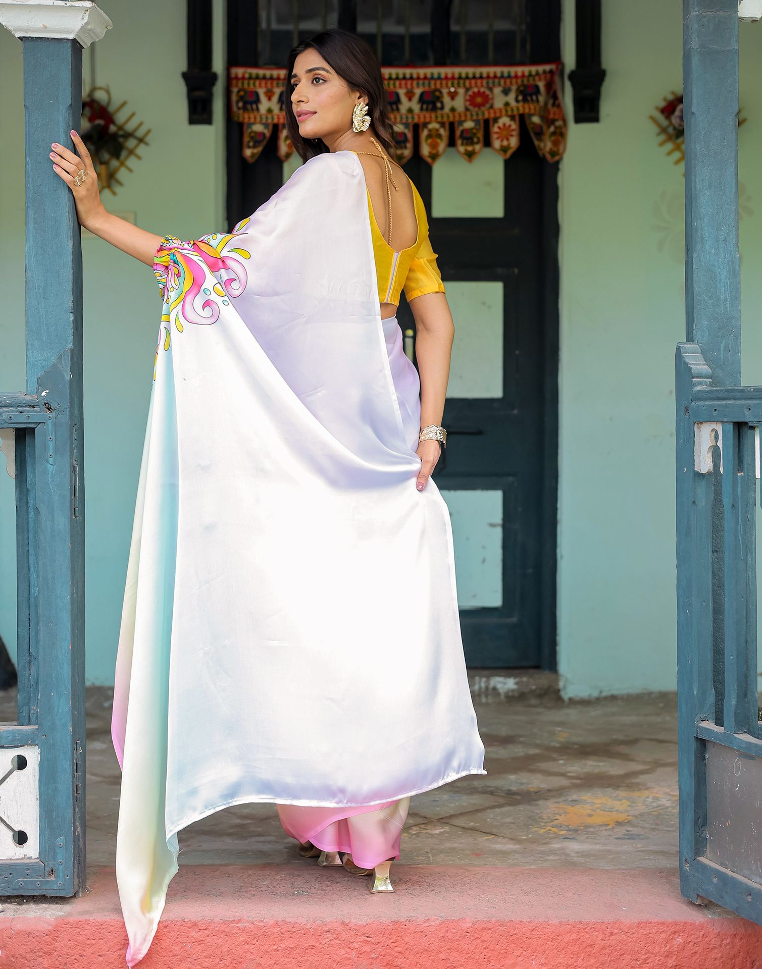 Handsfree Multicoloured Satin Printed Saree