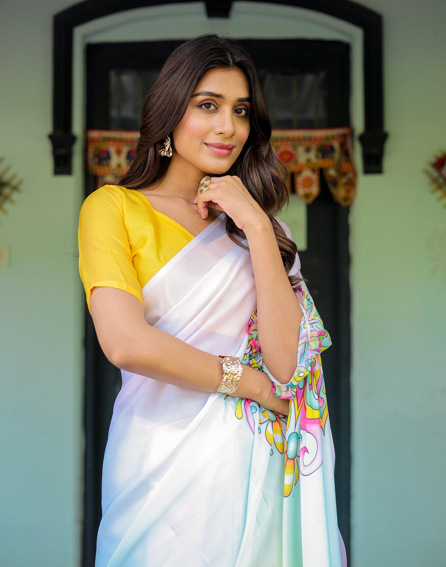 Handsfree Multicoloured Satin Printed Saree