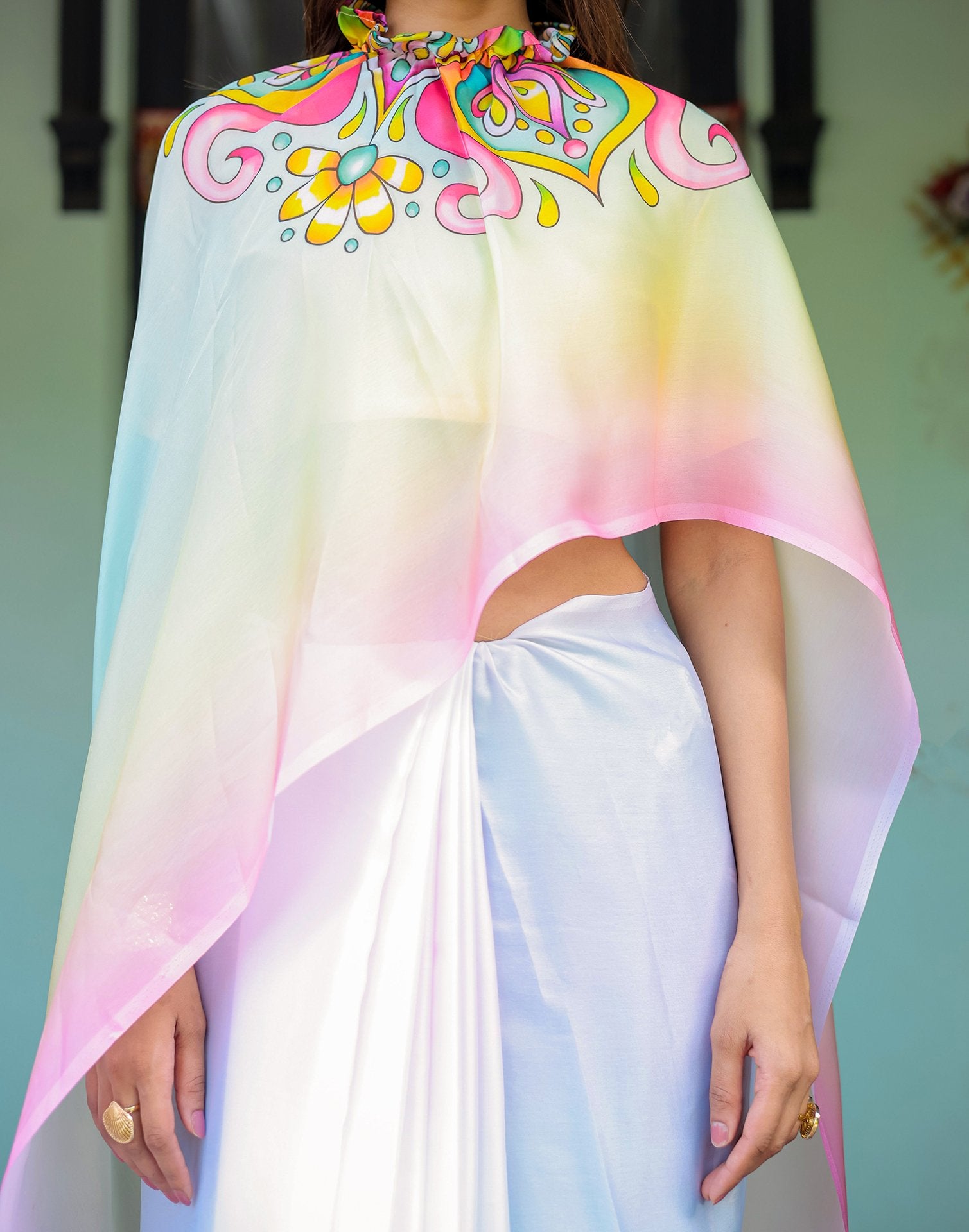 Handsfree Multicoloured Satin Printed Saree