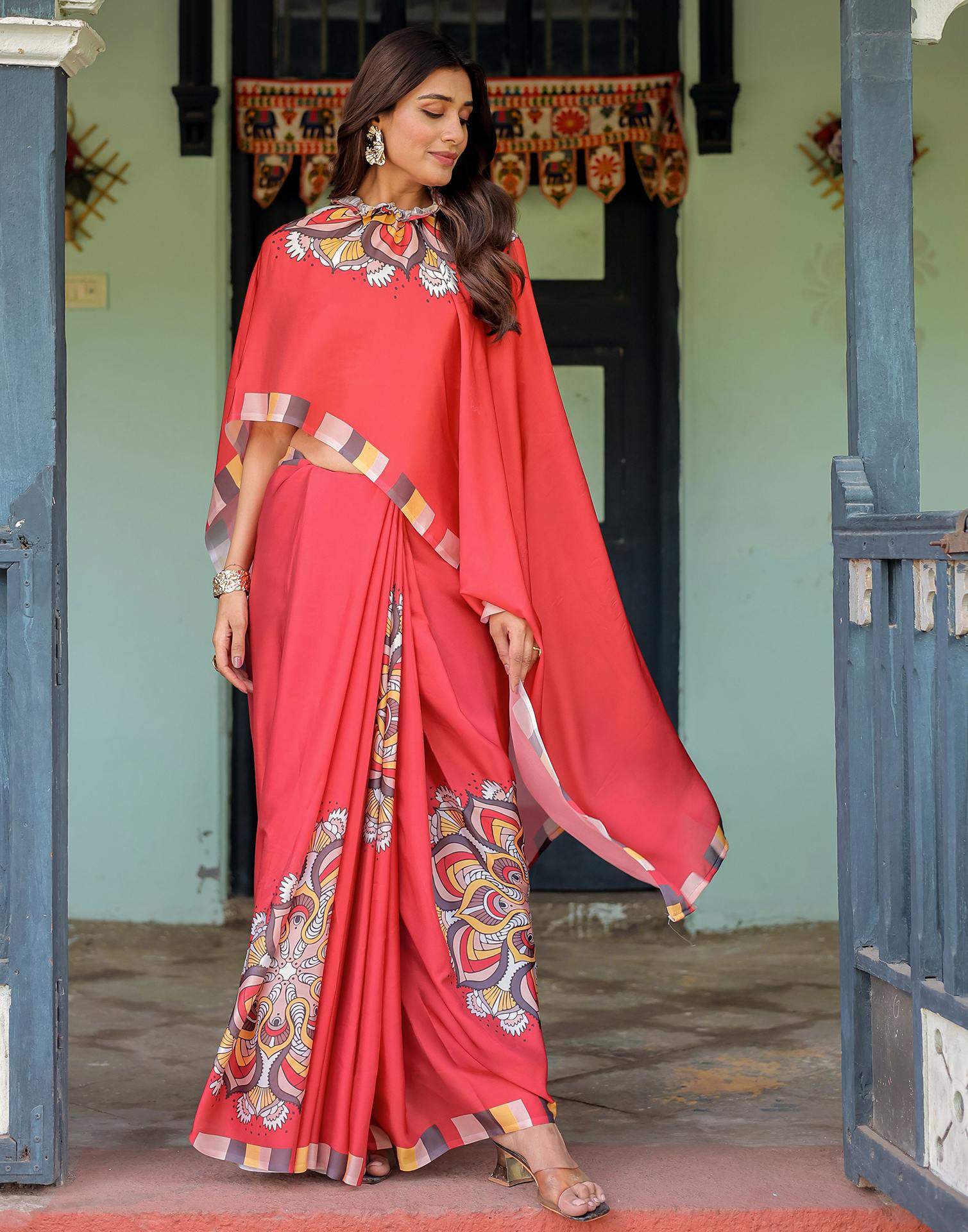 Handsfree Red Satin Printed Saree