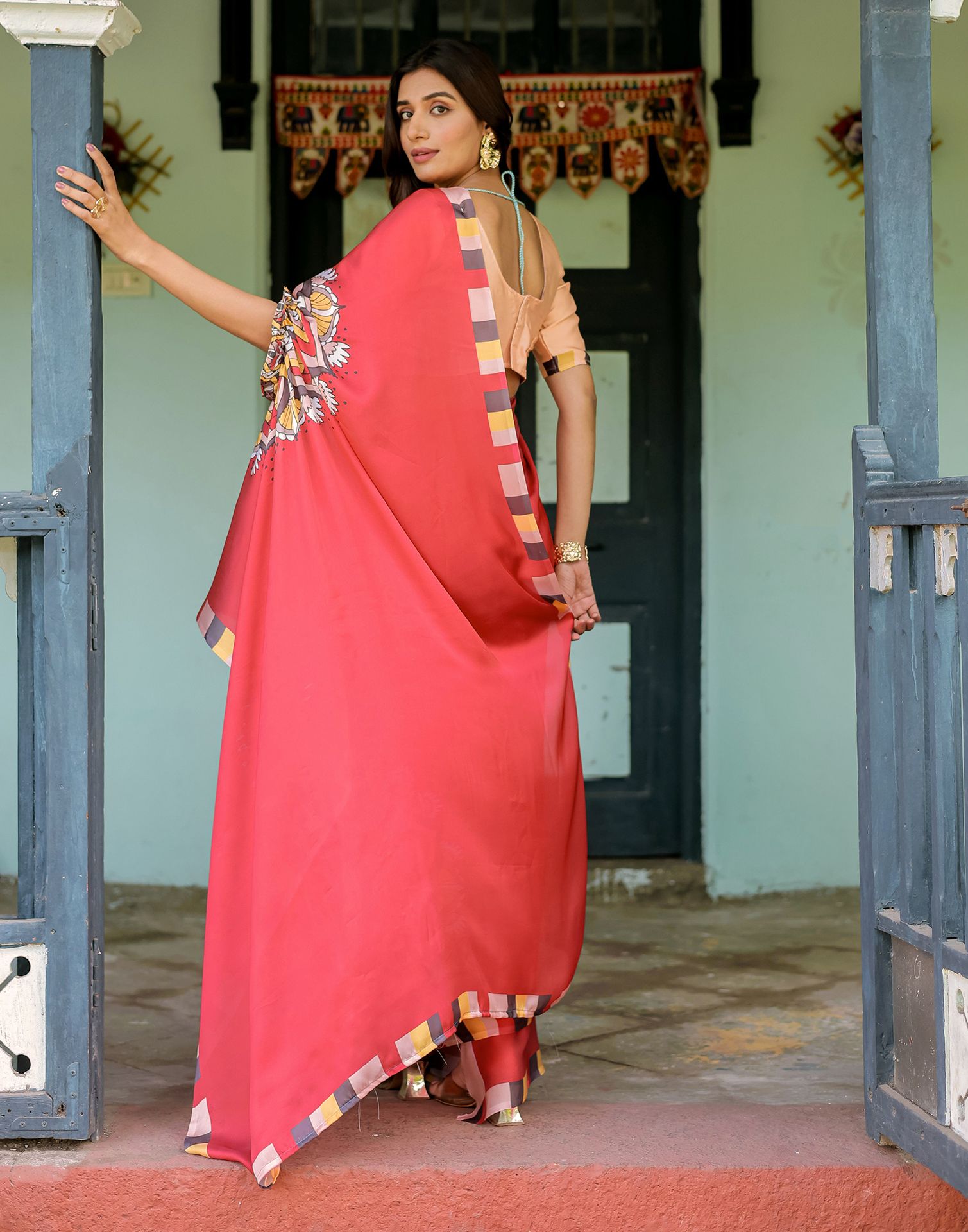 Handsfree Red Satin Printed Saree