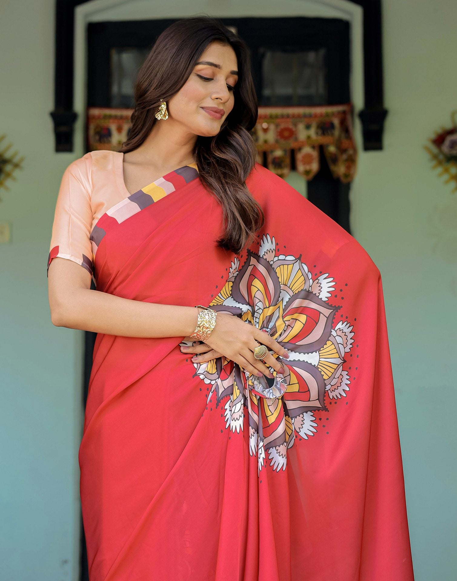 Handsfree Red Satin Printed Saree