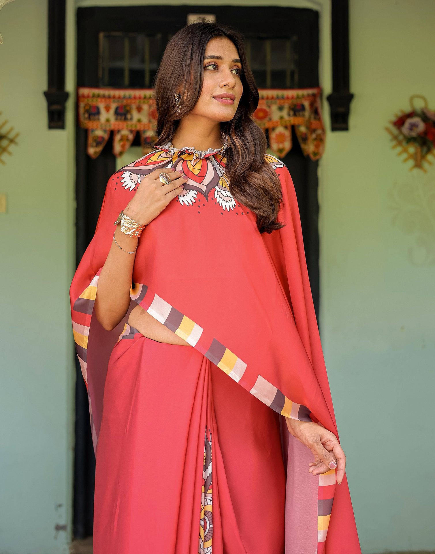 Handsfree Red Satin Printed Saree