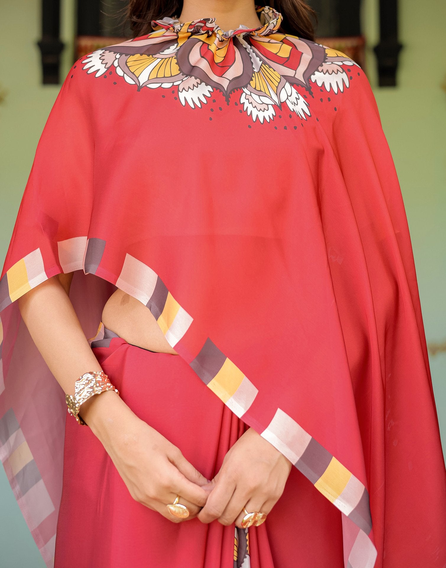 Handsfree Red Satin Printed Saree