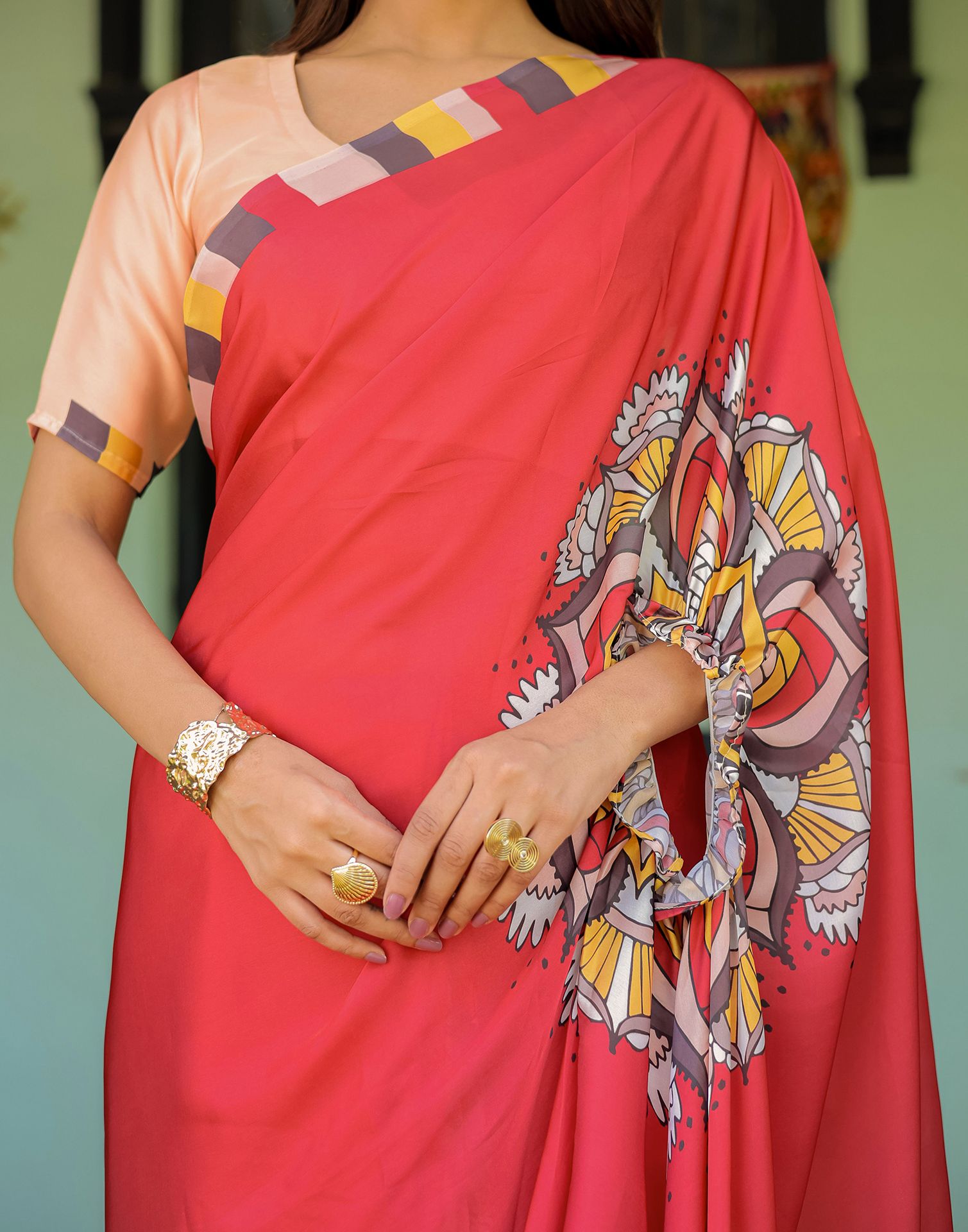 Handsfree Red Satin Printed Saree