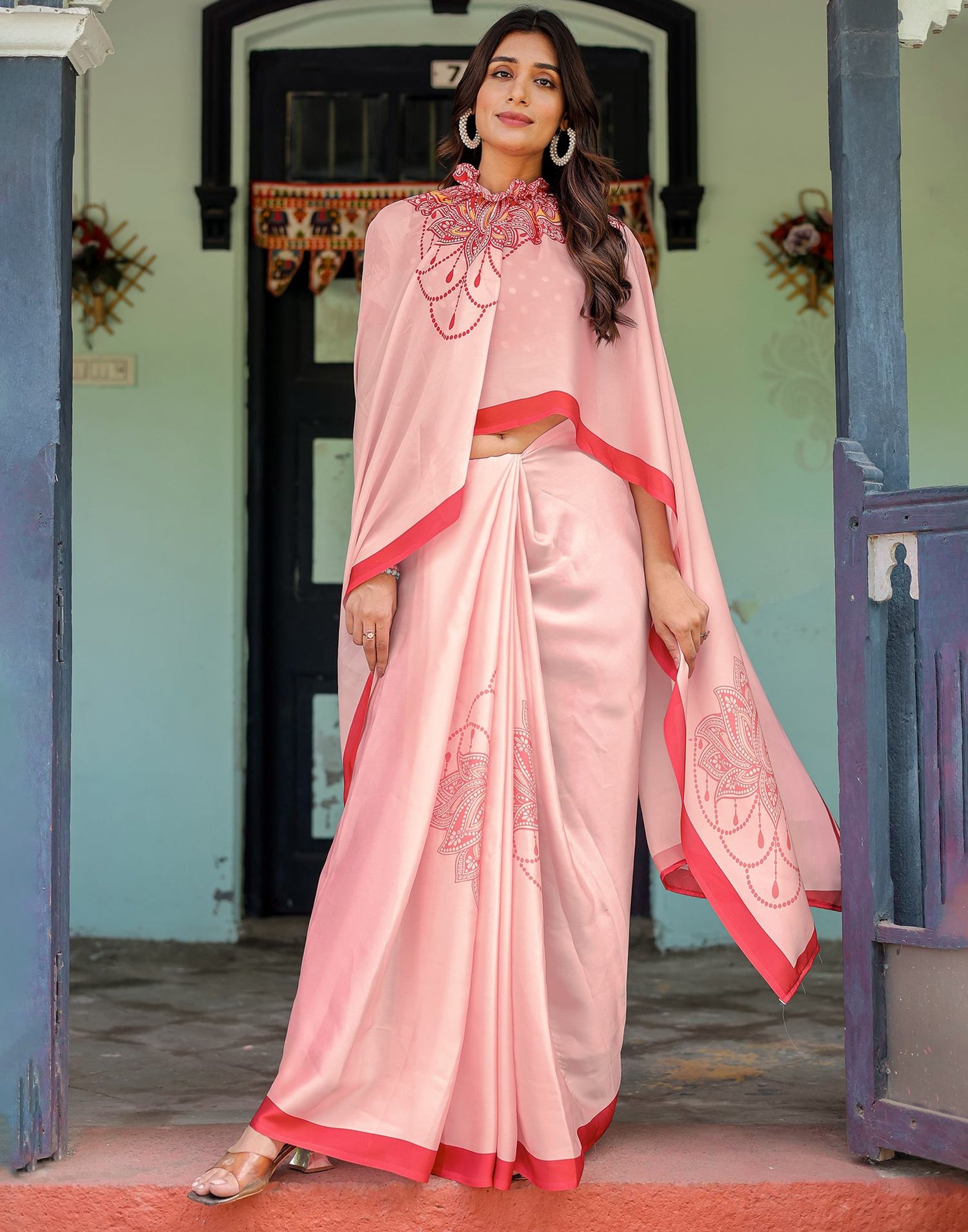 Handsfree Light Baby Pink Satin Printed Saree