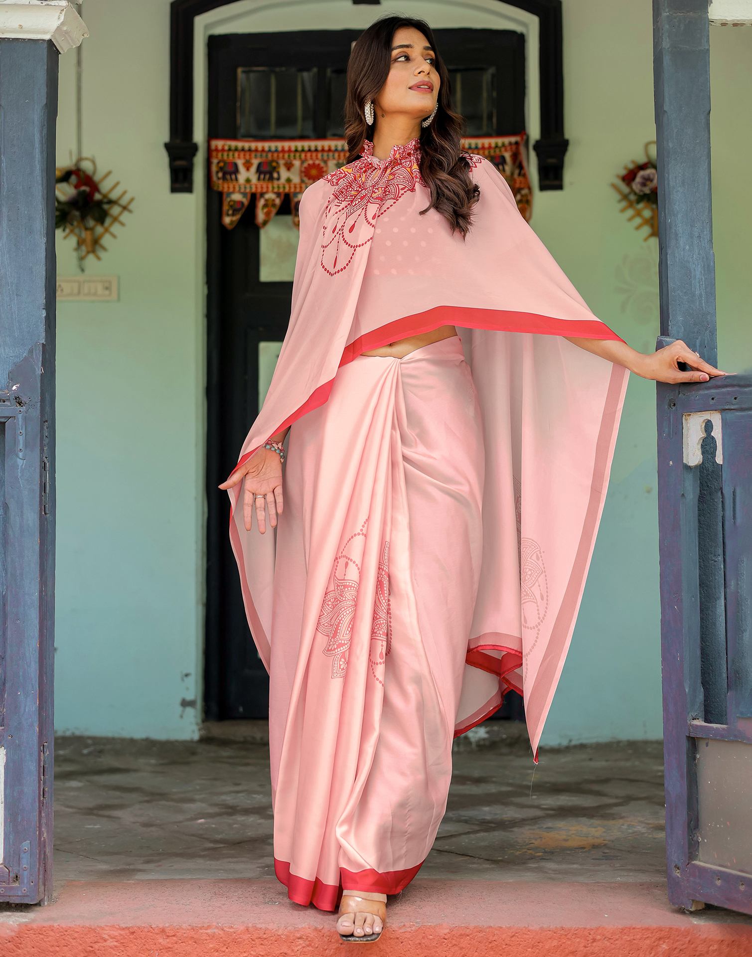 Handsfree Light Baby Pink Satin Printed Saree