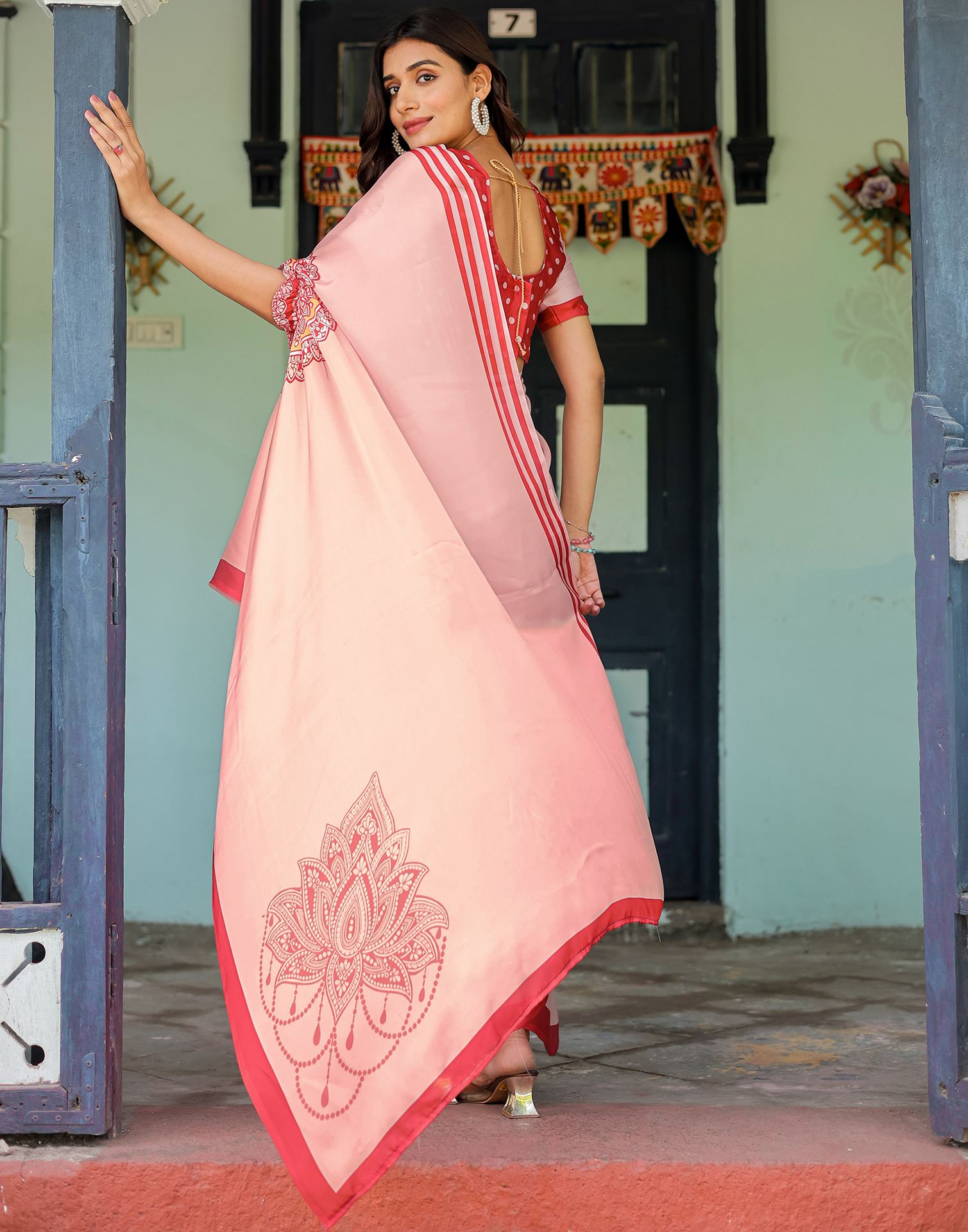 Handsfree Light Baby Pink Satin Printed Saree