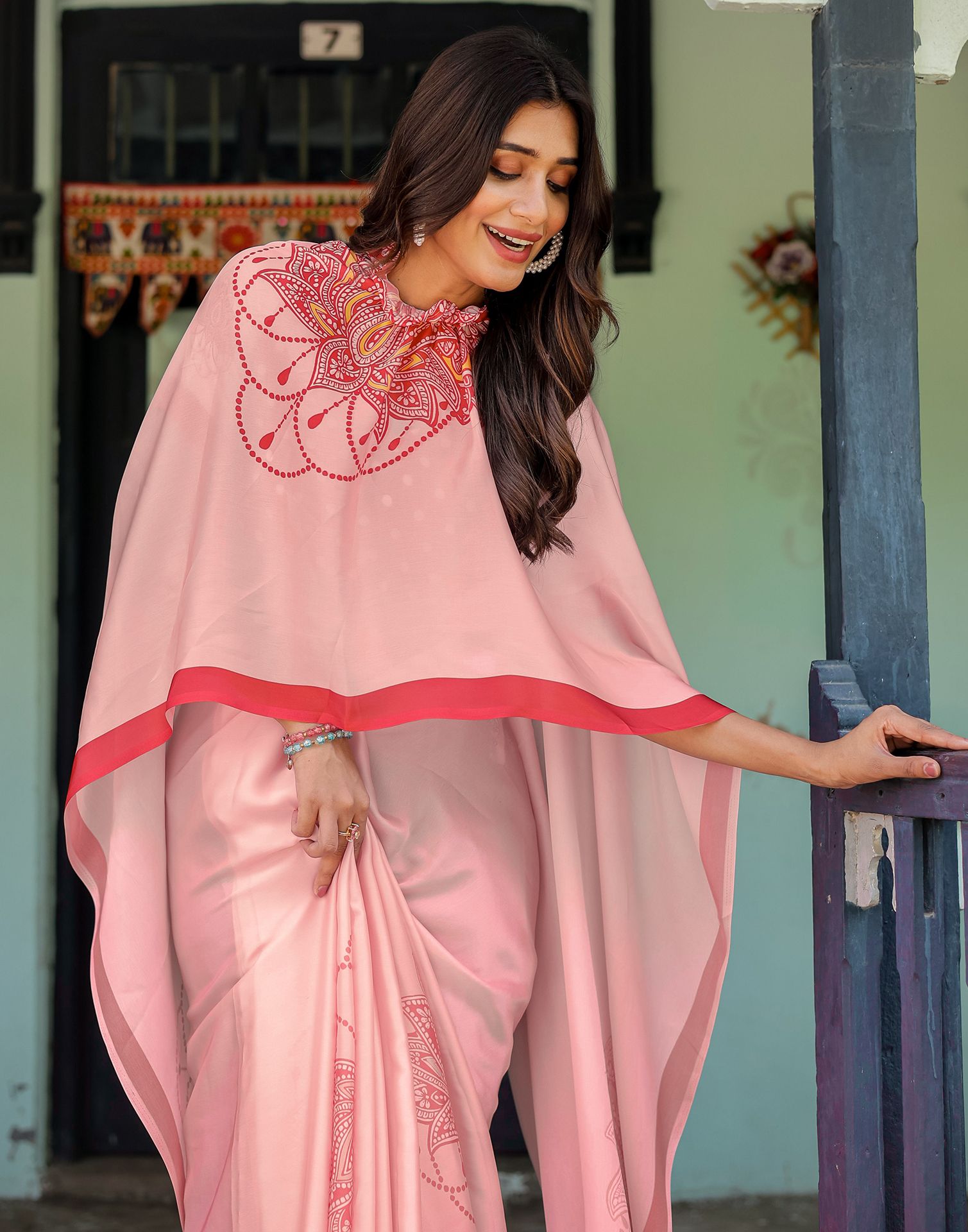 Handsfree Light Baby Pink Satin Printed Saree