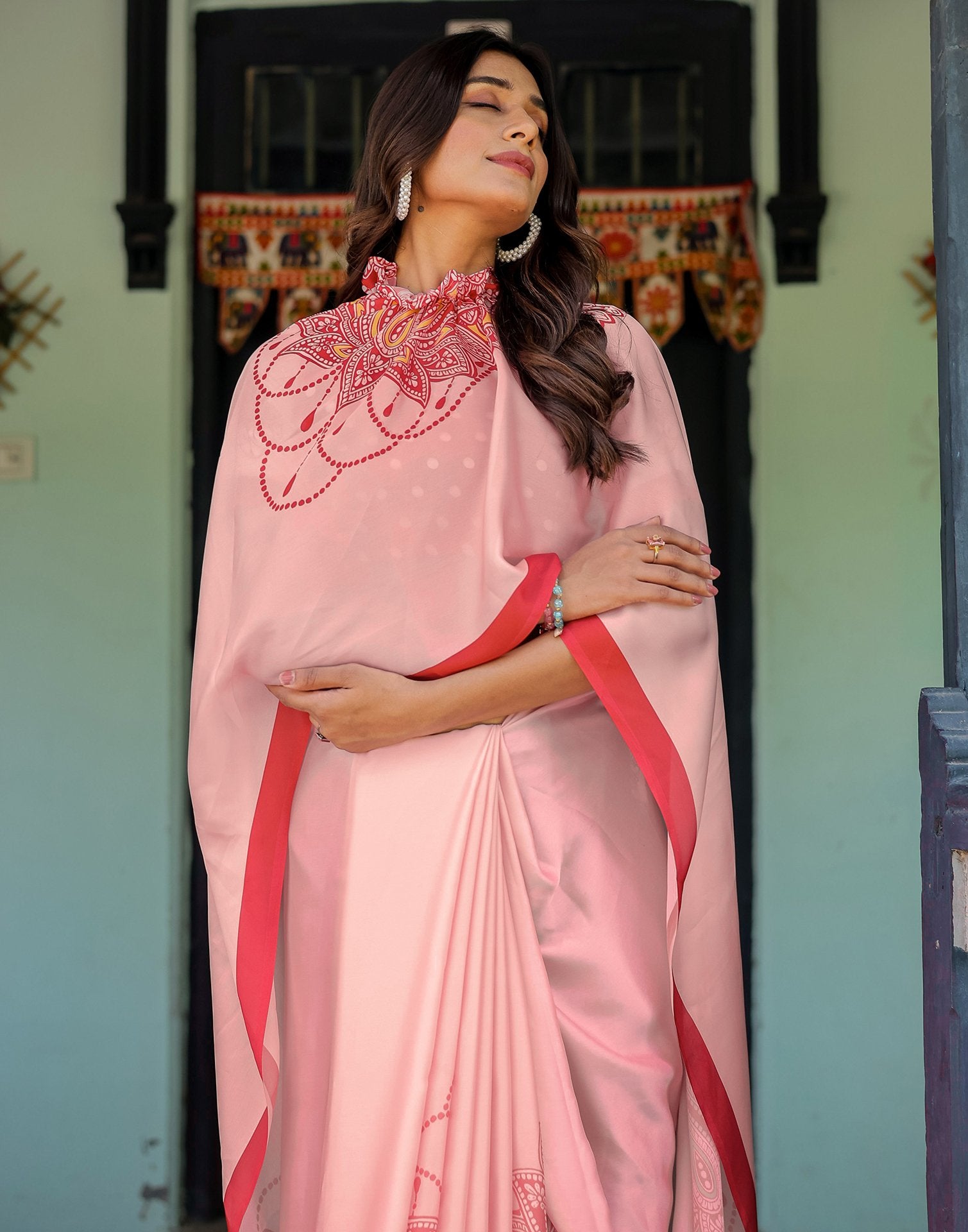 Handsfree Light Baby Pink Satin Printed Saree