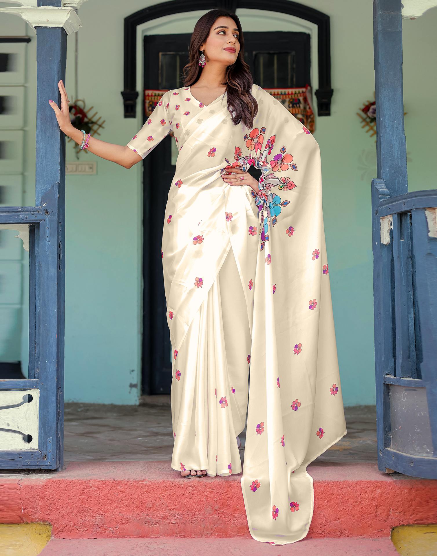 Handsfree Off White Satin Floral Printed Saree