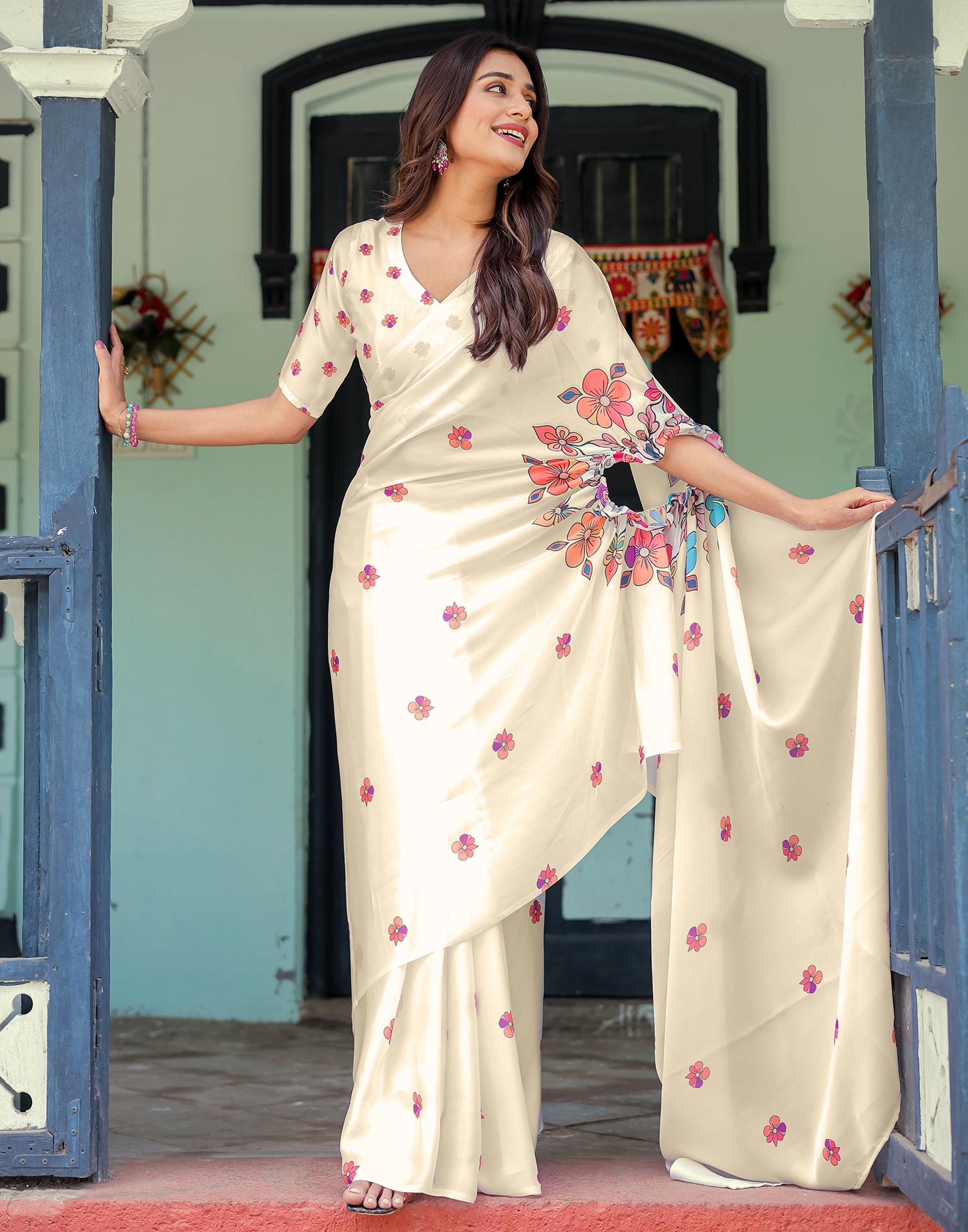 Handsfree Off White Satin Floral Printed Saree