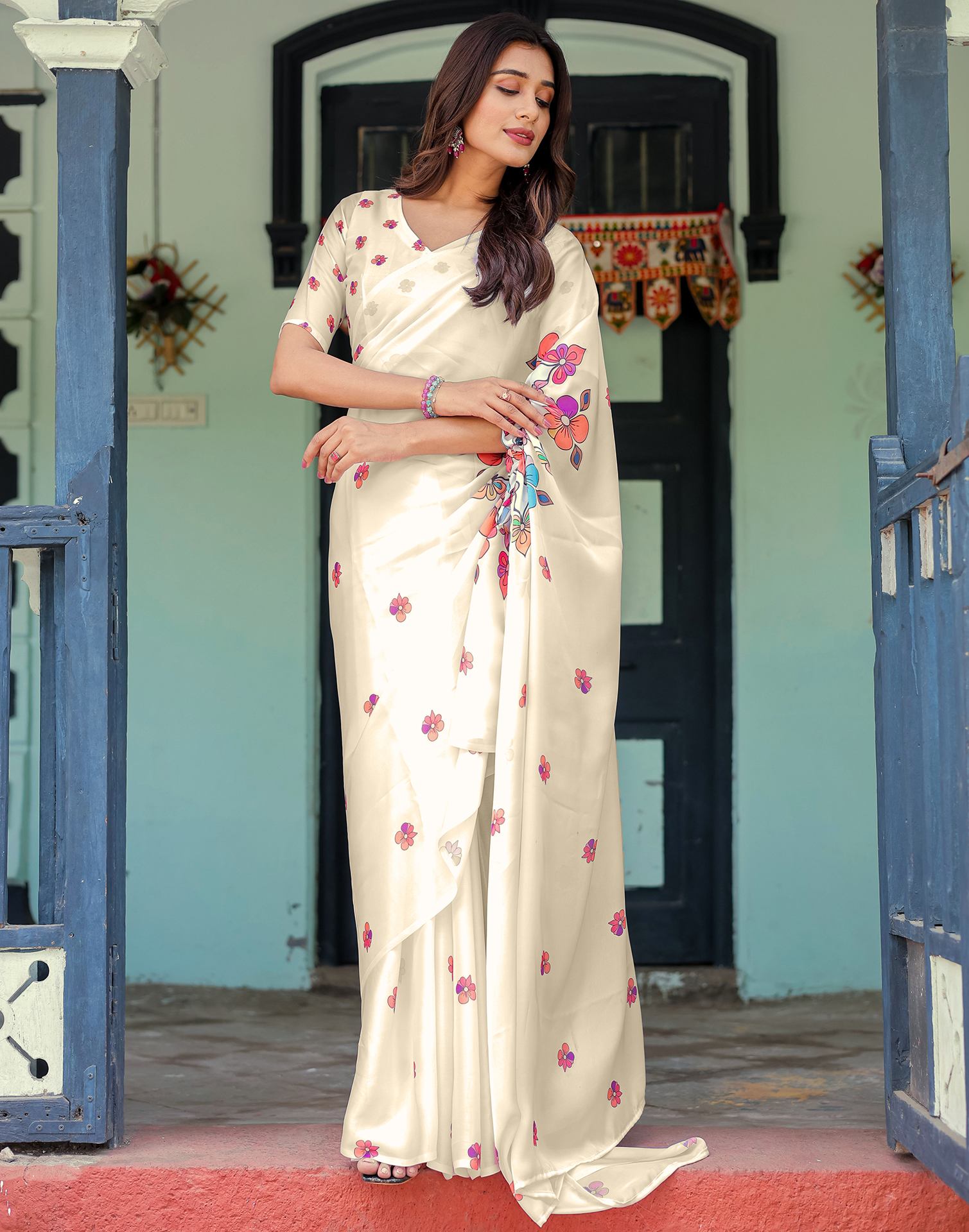 Handsfree Off White Satin Floral Printed Saree
